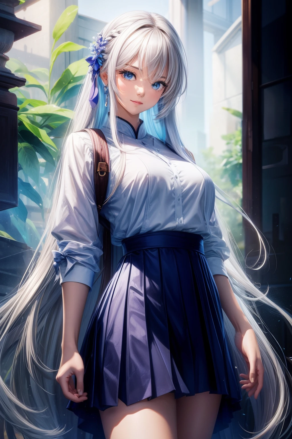 25-year-old young woman: 1.3, long whitr hair: 1.2, Professional skirt: 1.2, In the daytime: 1.2, square shapes: 1.2, 电影灯光, ultra-realistic realism, hyper HD, acurate, super detailing, ctextured skin, high detal, Best quality at best, 8K