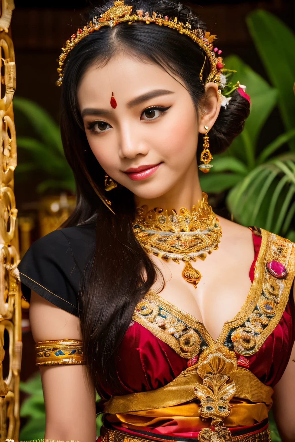 8k, highest quality, ultra details, Ajeng, Javanese beauty, girl, performing gamelan music, deeply connected to the traditional Javanese music and arts.