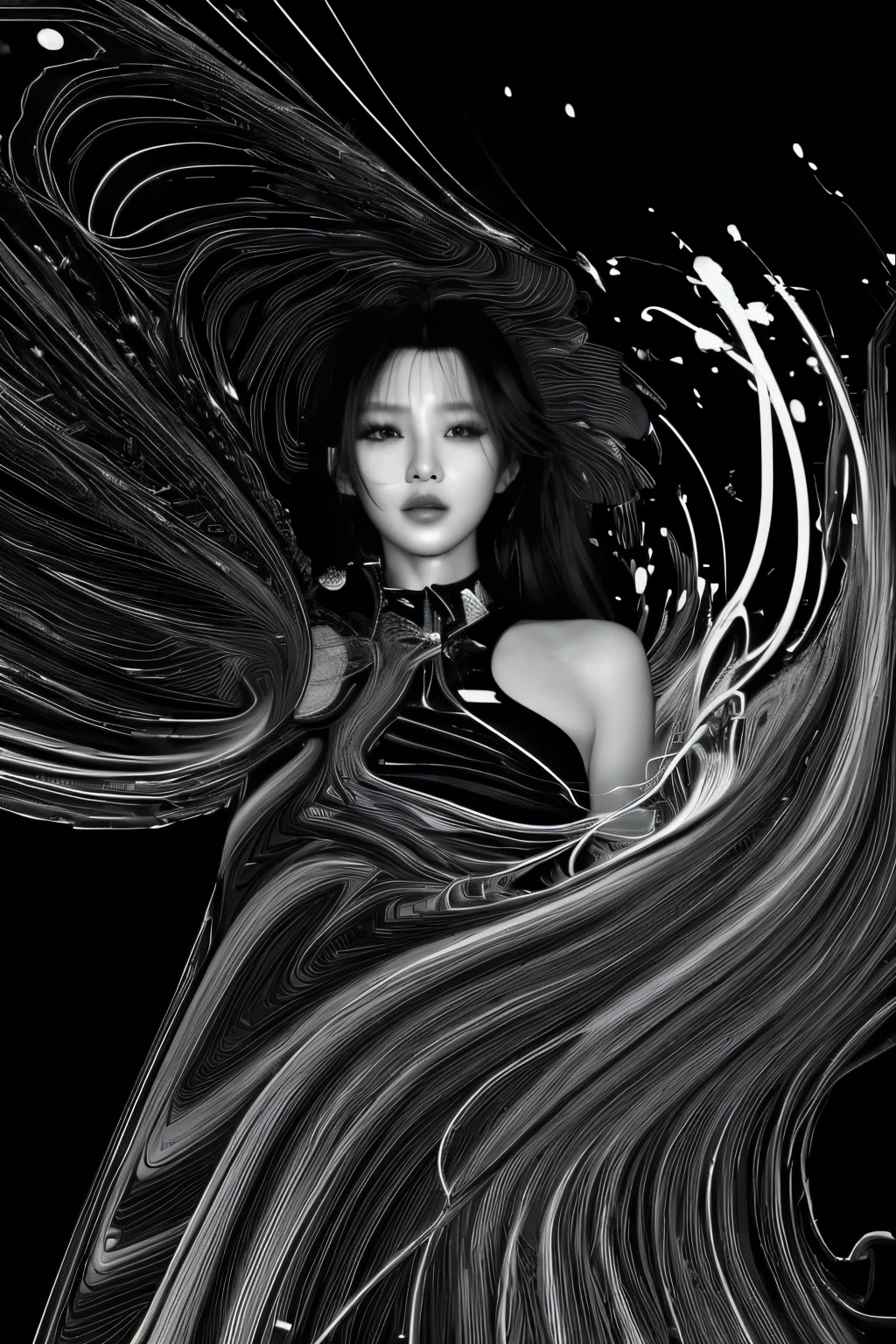 (line art:1.5)，Mono Color，A beautyful girl,model shoot style,abstract painting, (extremely detaild的 CG unified 8k wallpapers), A chaotic storm of lines rises from the complex liquid smoke overhead, Stylized abstract portrait of beautiful girl,