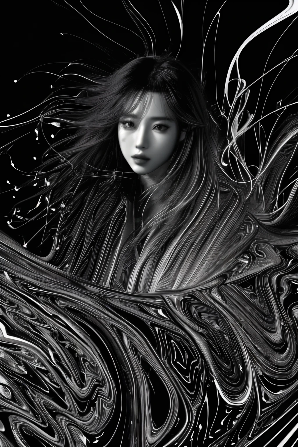 (line art:1.5)，Mono Color，A beautyful girl,model shoot style,abstract painting, (extremely detaild的 CG unified 8k wallpapers), A chaotic storm of lines rises from the complex liquid smoke overhead, Stylized abstract portrait of beautiful girl,