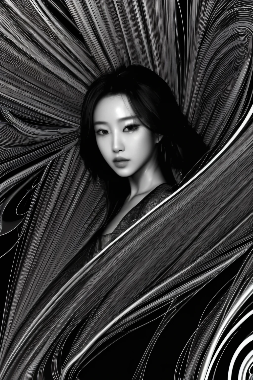 (line art:1.5),Mono Color,A beautyful girl,model shoot style,abstract painting,model shoot style, (extremely detaild的 CG unified 8k wallpapers), A chaotic storm of lines rises from the complex liquid smoke overhead, Stylized abstract portrait of beautiful girl,