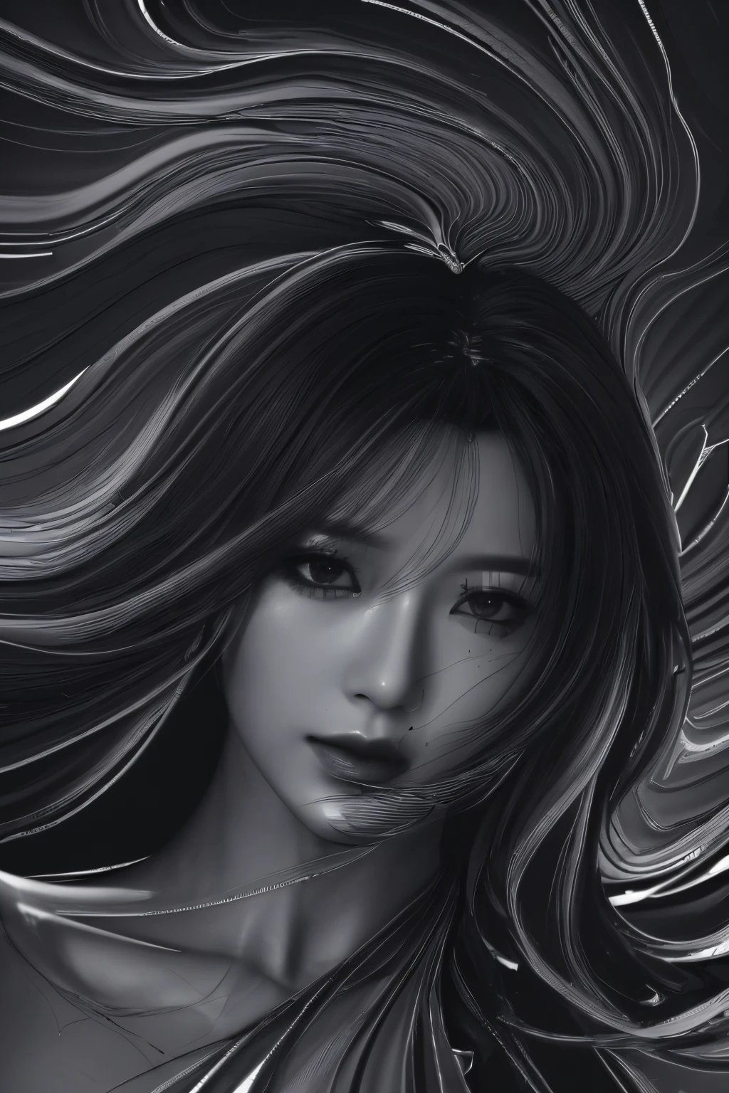 (line art:1.5)，Mono Color，A beautyful girl,model shoot style,abstract painting, (extremely detaild的 CG unified 8k wallpapers), A chaotic storm of lines rises from the complex liquid smoke overhead, Stylized abstract portrait of beautiful girl,