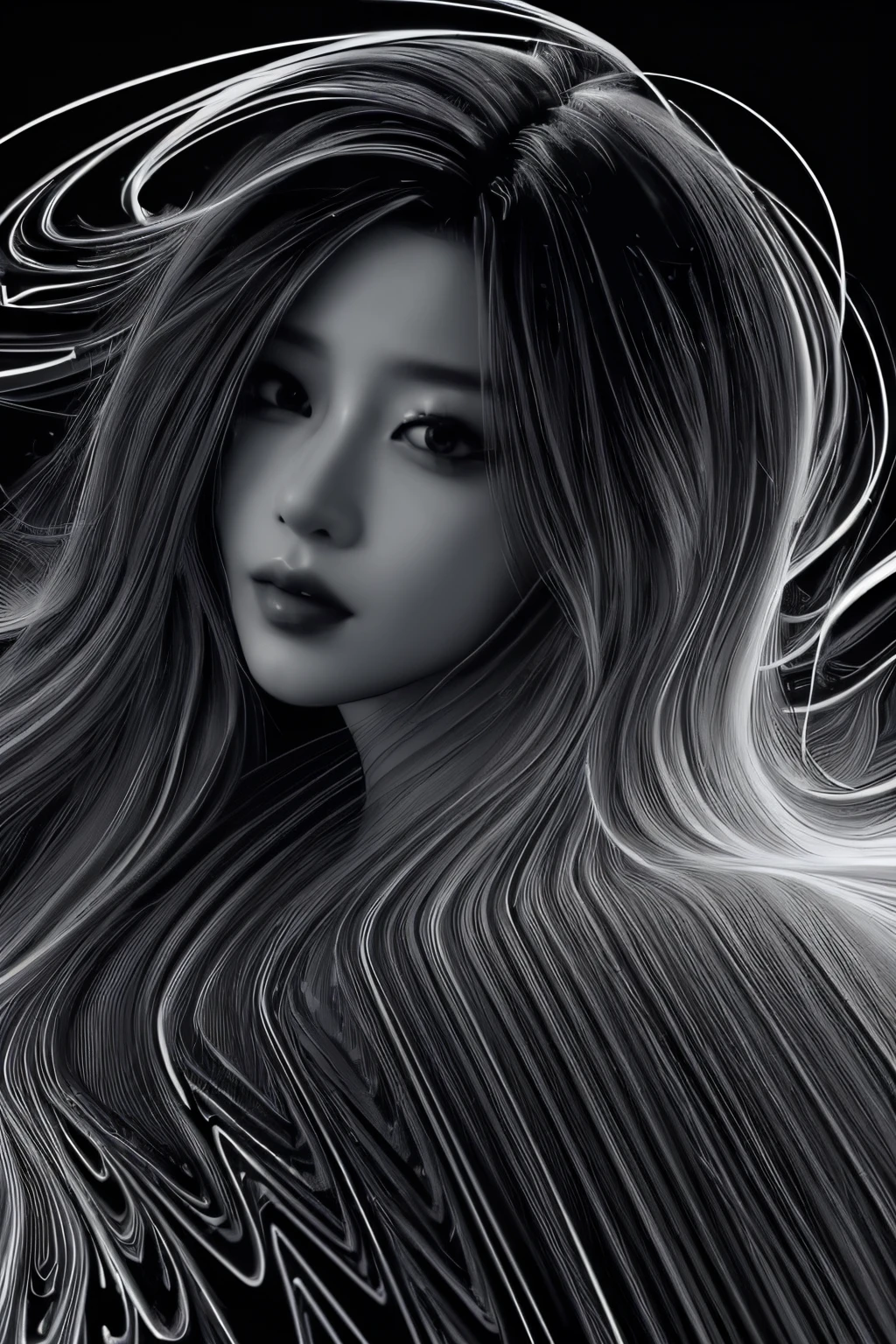 (line art:1.5)，Mono Color，A beautyful girl,model shoot style,abstract painting, (extremely detaild的 CG unified 8k wallpapers), A chaotic storm of lines rises from the complex liquid smoke overhead, Stylized abstract portrait of beautiful girl,