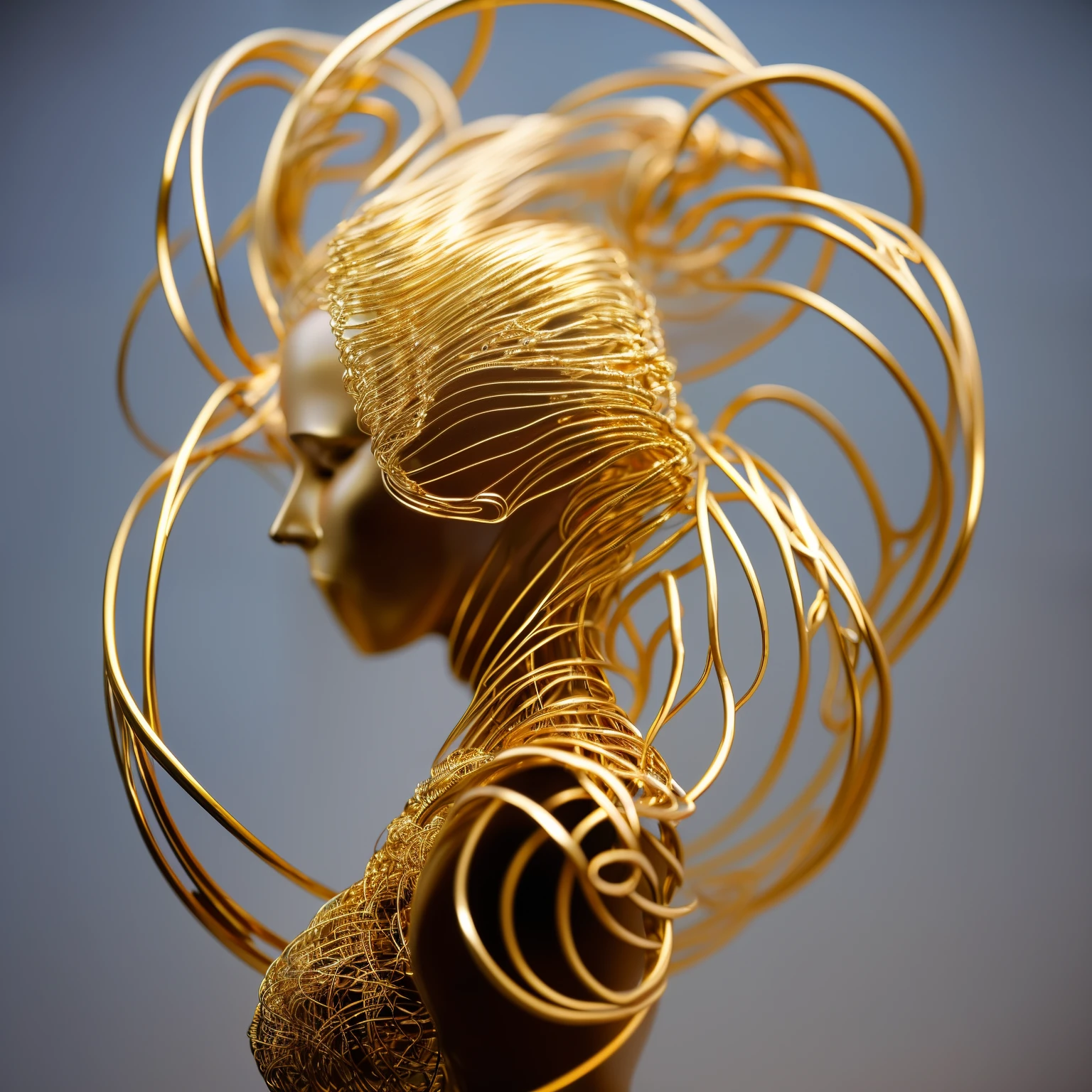 Image of beautiful woman sculpture made from thin metal wire, golden curve structure, sculpture made of gold, Spiral dripping gold, golden curve composition, Winding streets, abstract sculpture, tiny vortices, abstract sculpture, twist, Rotated, intricate golden threads, spirals, long exposure photos, line sleek, complex light rays