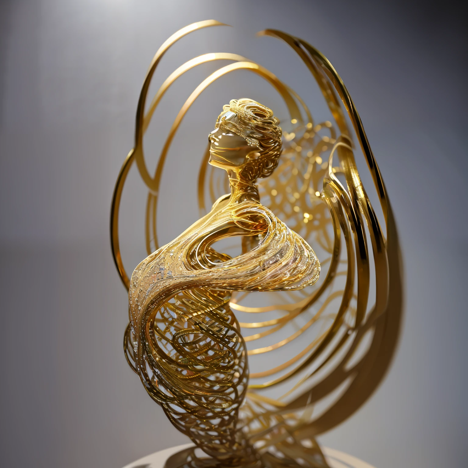 Image of beautiful woman sculpture made from thin metal wire, golden curve structure, sculpture made of gold, Spiral dripping gold, golden curve composition, Winding streets, abstract sculpture, tiny vortices, abstract sculpture, twist, Rotated, intricate golden threads, spirals, long exposure photos, line sleek, complex light rays