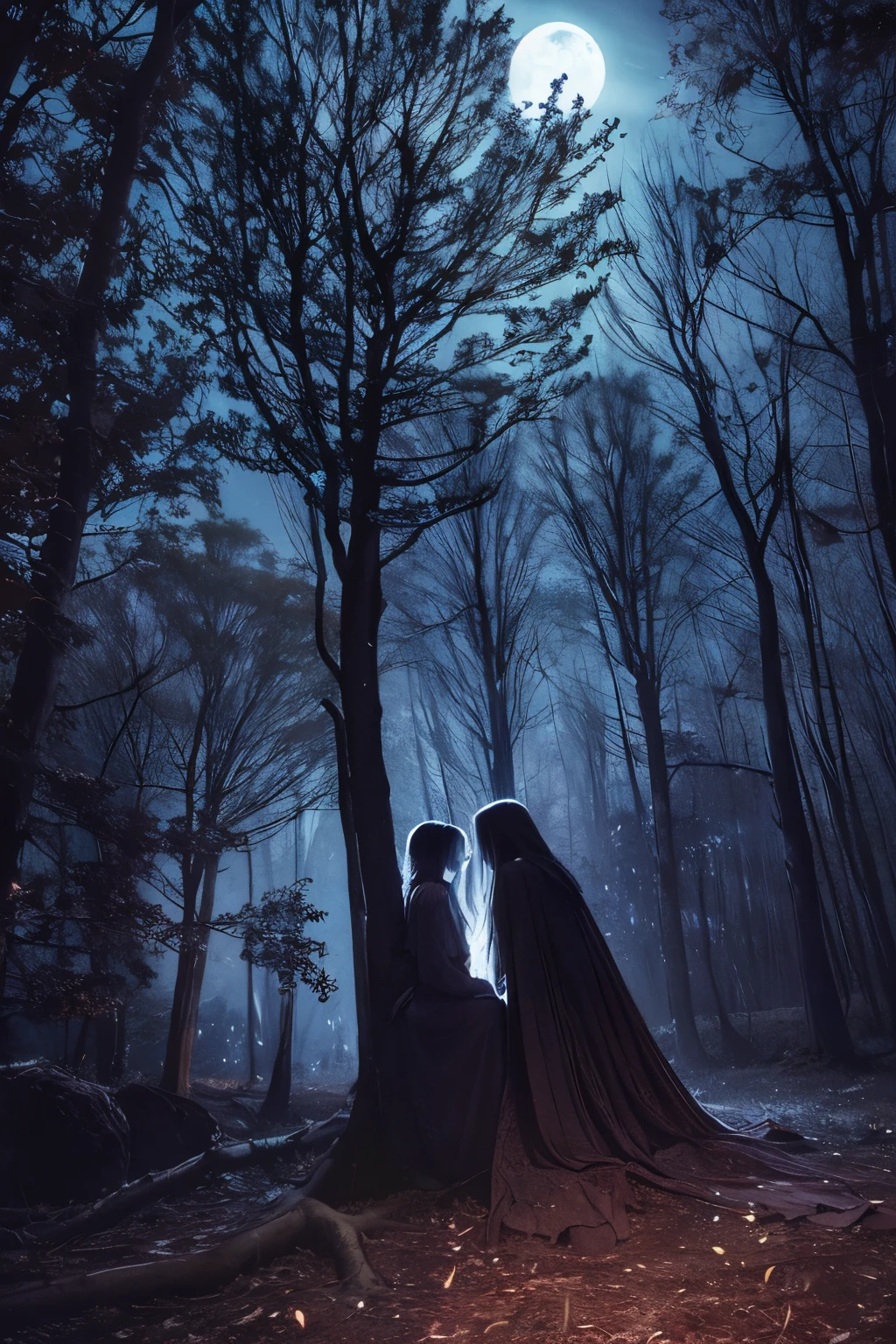 moonlit night, dark fantasy art, trees swaying, branches, muted glow of fairy lights, hollowed insides of trees, eerie and gentle glow, lost souls fill the night with their presence