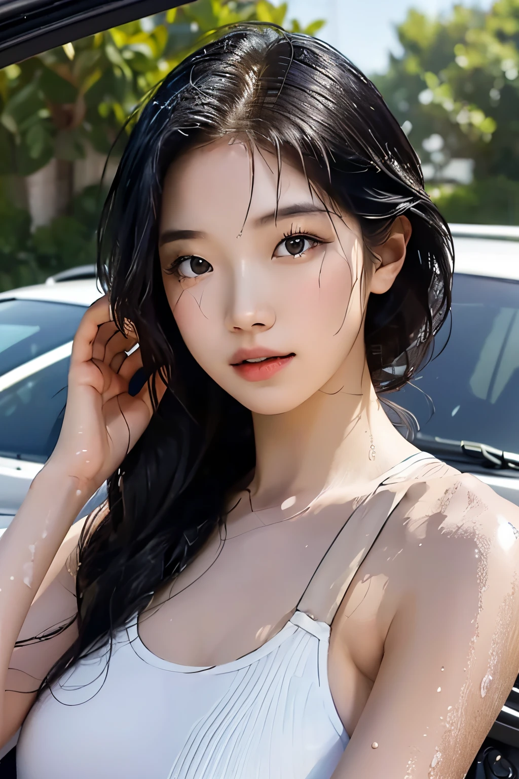 (Best quality, 8k, 32k, Masterpiece, UHD:1.2) "Generate an art scene featuring a Japanese girl model with a chic bob hairstyle gracefully washing a car. Show her engaged in the task, portraying her in a confident and poised manner while cleaning the car with care. Highlight the interaction between the girl and the car, emphasizing the details of the washing process and incorporating elements of a pleasant and sunny environment. Capture the scene with a sense of elegance and simplicity, focusing on the girl's poise and the aesthetic of the car wash moment." swimsuit, very sexy, provocative, voloptuous, washing it in a sexy way, portrait, car washing, photorealistic, very wet