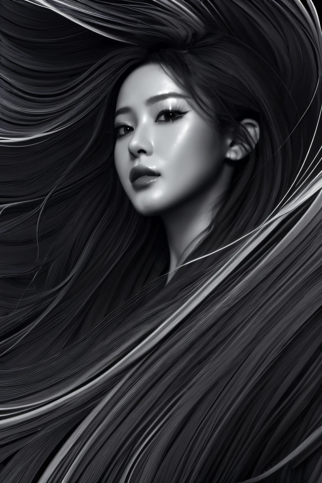 (line art:1.5)，Mono Color，A beautyful girl,model shoot style,abstract paintings,model shoot style, (extremely detaild的 CG unified 8k wallpapers), A chaotic storm of lines rises from the complex liquid smoke overhead, Stylized abstract portrait of beautiful girl,