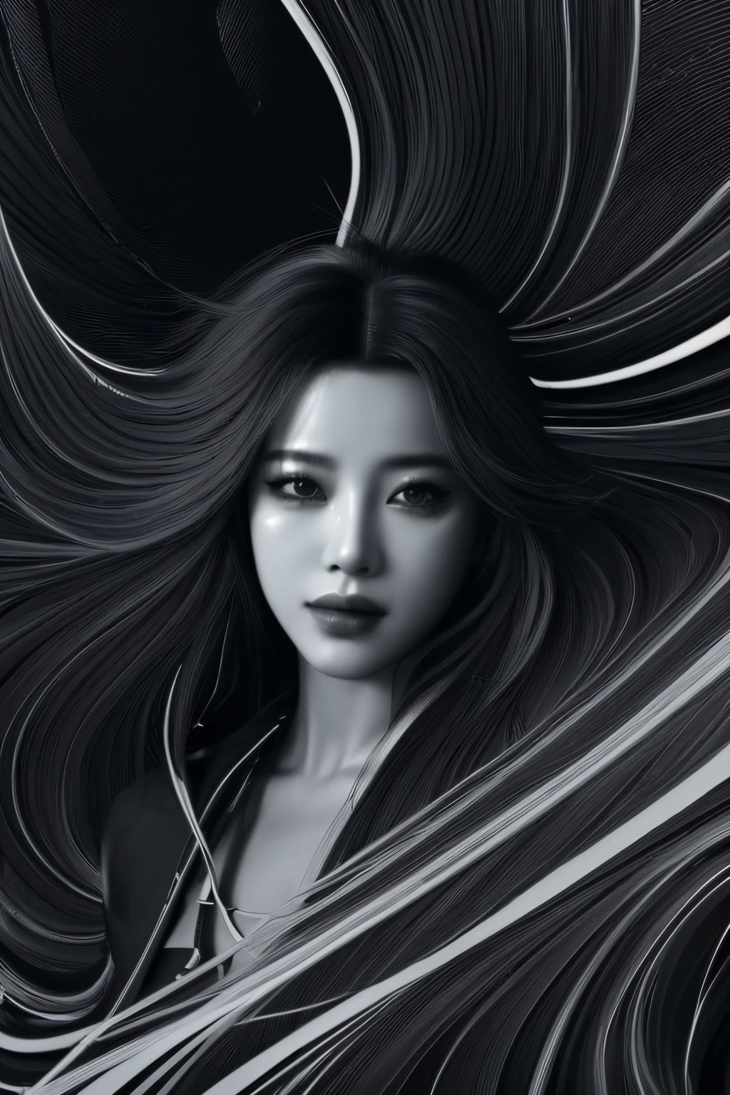 (line art:1.5)，Mono Color，A beautyful girl，abstract painting,model shoot style, (extremely detaild的 CG unified 8k wallpapers), A chaotic storm of complex liquid smoke rising overhead, Stylized abstract portrait of beautiful girl,