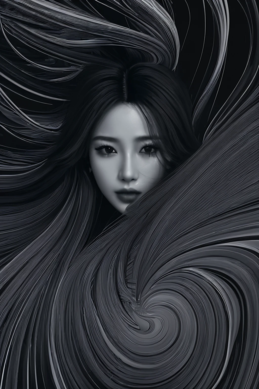 (line art:1.5)，Mono Color，A beautyful girl,model shoot style,abstract painting, (extremely detaild的 CG unified 8k wallpapers), A chaotic storm of lines rises from the complex liquid smoke overhead, Stylized abstract portrait of beautiful girl,