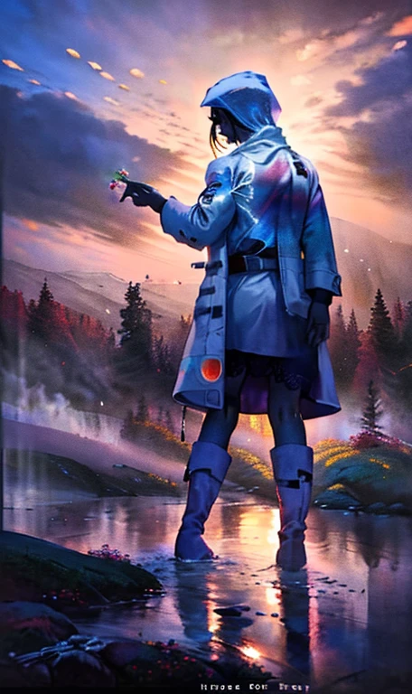 ((Best Quality)), ((masutepiece)), ((Ultra-detailed)), (Illustration), (Detailed light), (extremely delicate and beautiful),((trim)),
credibly_absurderes,(Ray tracing),
(signature),(english text:1.5),((Beautiful sky)),(Scenery),((mont)),(cloud),((Nature)),(tussock),((Fog)),(Pines),(flower),(River),
((Solo:1.8)),(1girl in:1.8),(beautiful Girl),(((Full body shot))),((standingn)),((Facing away)),(+perfect hand+:1.21),(((White coat))),((Beautiful white dress+white knee boots)),((a belt)),((White hat)),(White headscarf),(leg loops),(((with a long white_hair))),
(signature),(english text:1.5),((Beautiful sky)),(Scenery),((mont)),(cloud),((Nature)),(tussock),((Fog)),(Pines),(flower),(River)