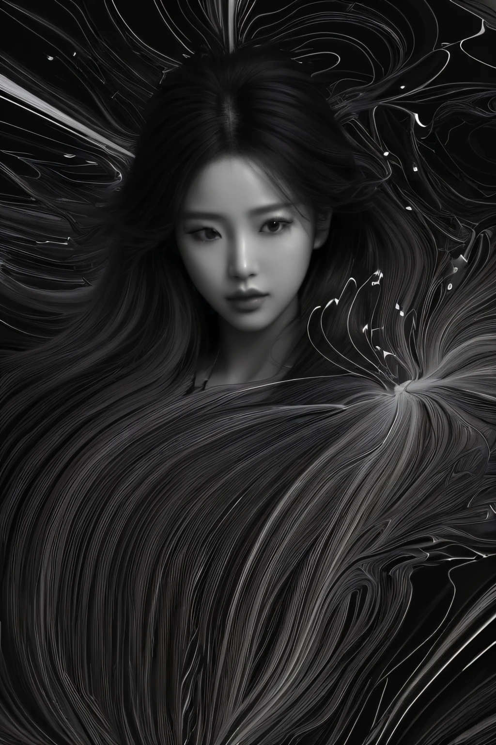 (line art:1.5)，Mono Color，A beautyful girl,model shoot style,abstract painting, (extremely detaild的 CG unified 8k wallpapers), A chaotic storm of lines rises from the complex liquid smoke overhead, Stylized abstract portrait of beautiful girl,