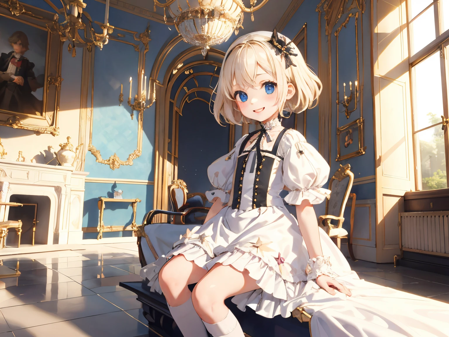 (Best image quality, masterpiece:1.2), (Super detailed illustration), Browsing Caution, (Cute Princess:1.3), (1 girl:1.2), (very beautiful little princes:1.3), (:1.3) (1 girl:1.2), alone, (Shoot from very low:1.3) ,(Condescending look:1.3), , Browsing Caution, Black high-leg retard, (Gorgeous sleeveless queen blue embroidered dress with roses:1.3) , whole body, Round baby face. ( Blonde short hair), Underarm, (White thigh-high pantyhose:1.4), Sitting on the throne、(((Open your feet wide Showing off pussy:1.5)), (Wicked Smile, Nasty expression),, A girl's bratty smile, Luxurious palace room,、 Fancy Room, RPG Royale, Beautiful feet, Show off your thighs,、、、、、、、, , com on legs, White panties:1.3)
