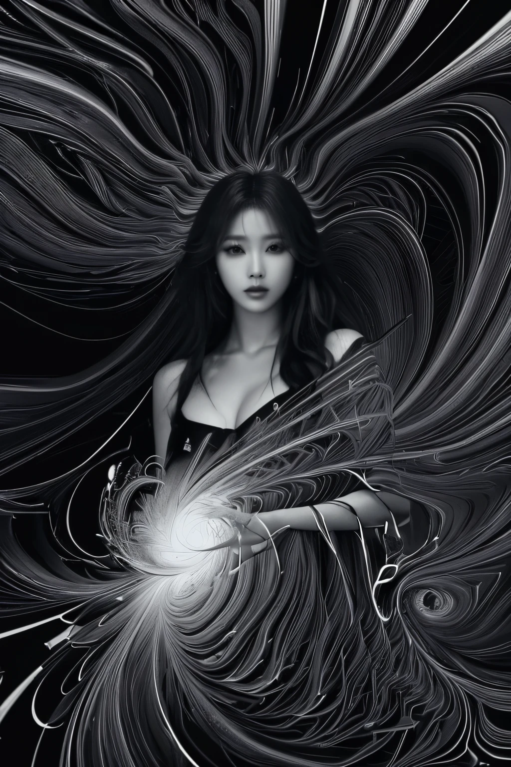 (line art:1.5),Mono Color,A beautyful girl,model shoot style,abstract painting, (extremely detaild的 CG unified 8k wallpapers), A chaotic storm of lines rises from the complex liquid smoke overhead, Stylized abstract portrait of beautiful girl,