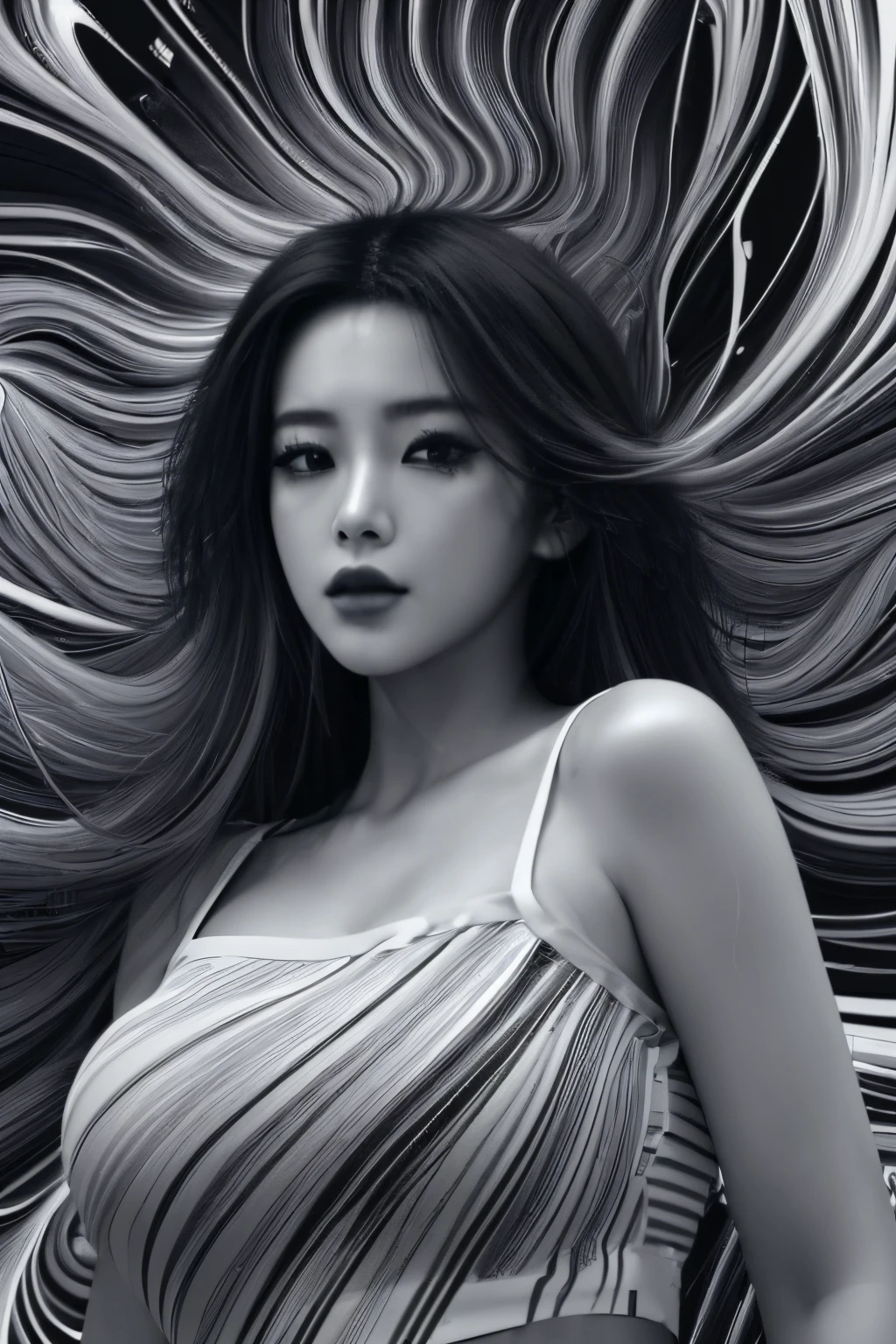 (line art:1.5)，Mono Color，A beautyful girl，abstract painting,model shoot style, (extremely detaild的 CG unified 8k wallpapers), A chaotic storm of complex liquid smoke rising overhead, Stylized abstract portrait of beautiful girl,