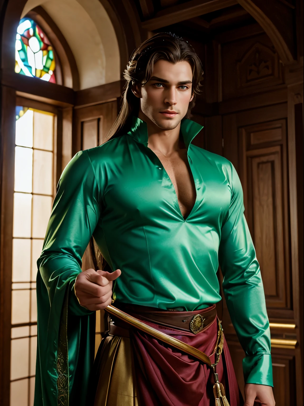 big masculine chest beautiful,Handsome,masculine features,male body,muscular boy,big chest muscular,Colorful,fanciful,dream magical,A mix of medieval European aristocratic costumes,Light green translucent long hair,red color eyes,Luxury clothing,diadems,The king,a medieval castle,noble,Black belly,Slightly drunk,