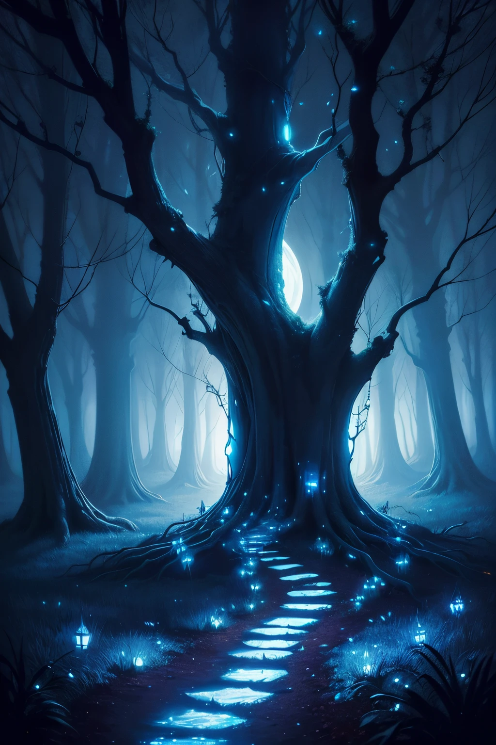 moonlit night, dark fantasy art, trees swaying, branches, bluish glow of fairy lights, hollowed insides of trees, eerie and gentle glow, fireflies