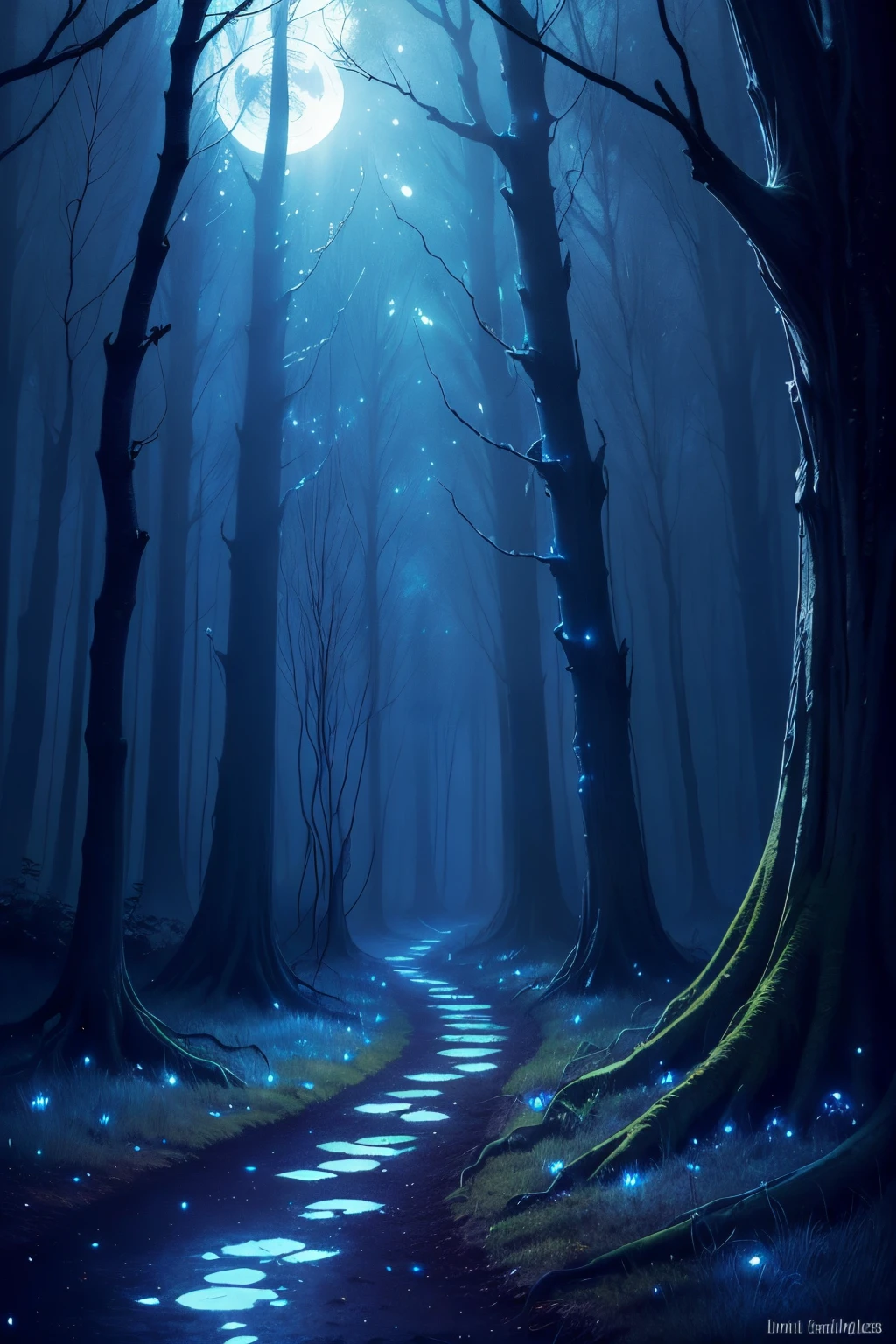 moonlit night, dark fantasy art, trees swaying, branches, bluish glow of fairy lights, hollowed insides of trees, eerie and gentle glow, fireflies