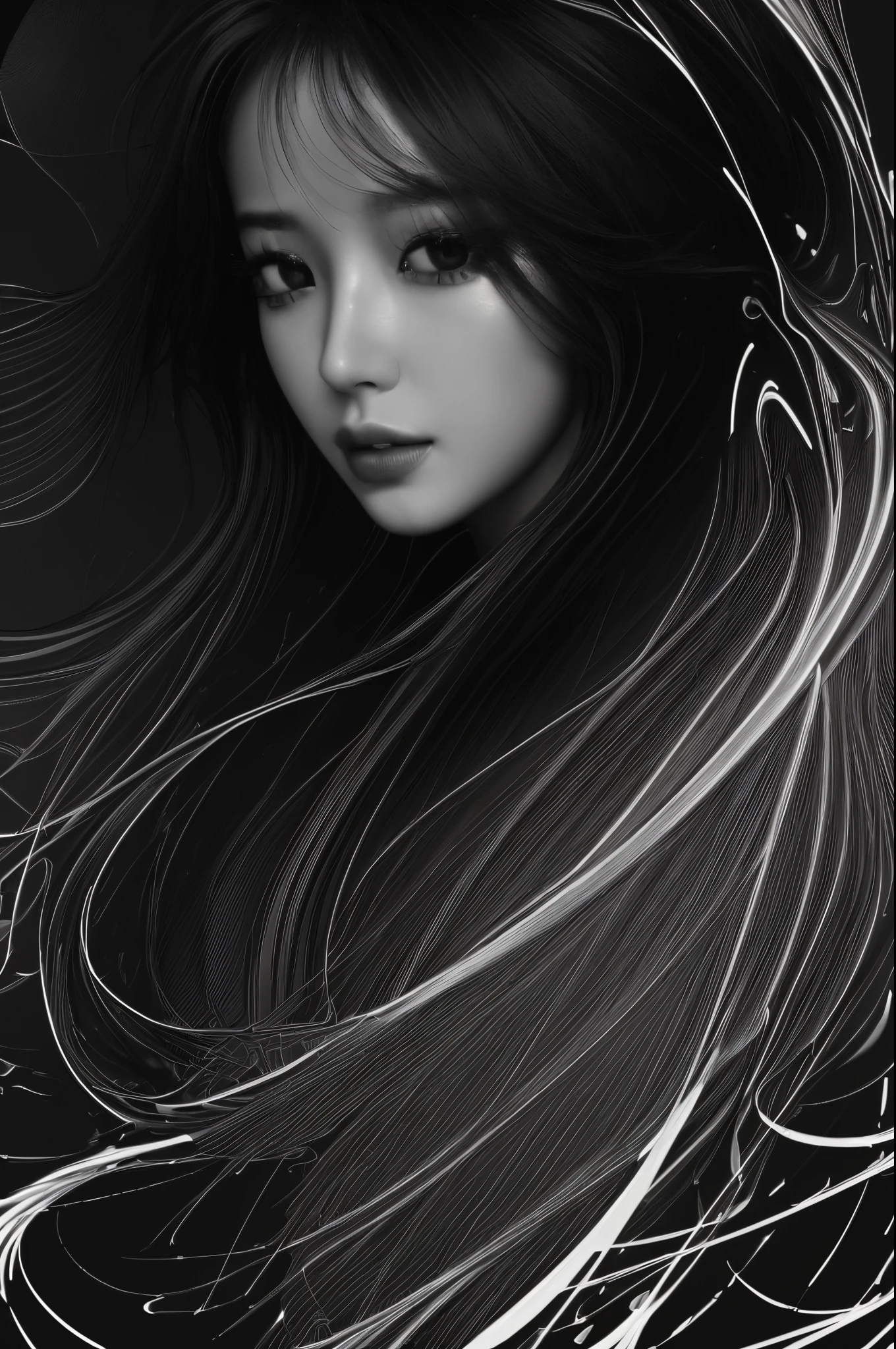 (line art:1.5)，Mono Color，A beautyful girl,model shoot style,abstract paintings, (extremely detaild的 CG unified 8k wallpapers), A chaotic storm of lines rises from the complex liquid smoke overhead, Stylized abstract portrait of beautiful girl,