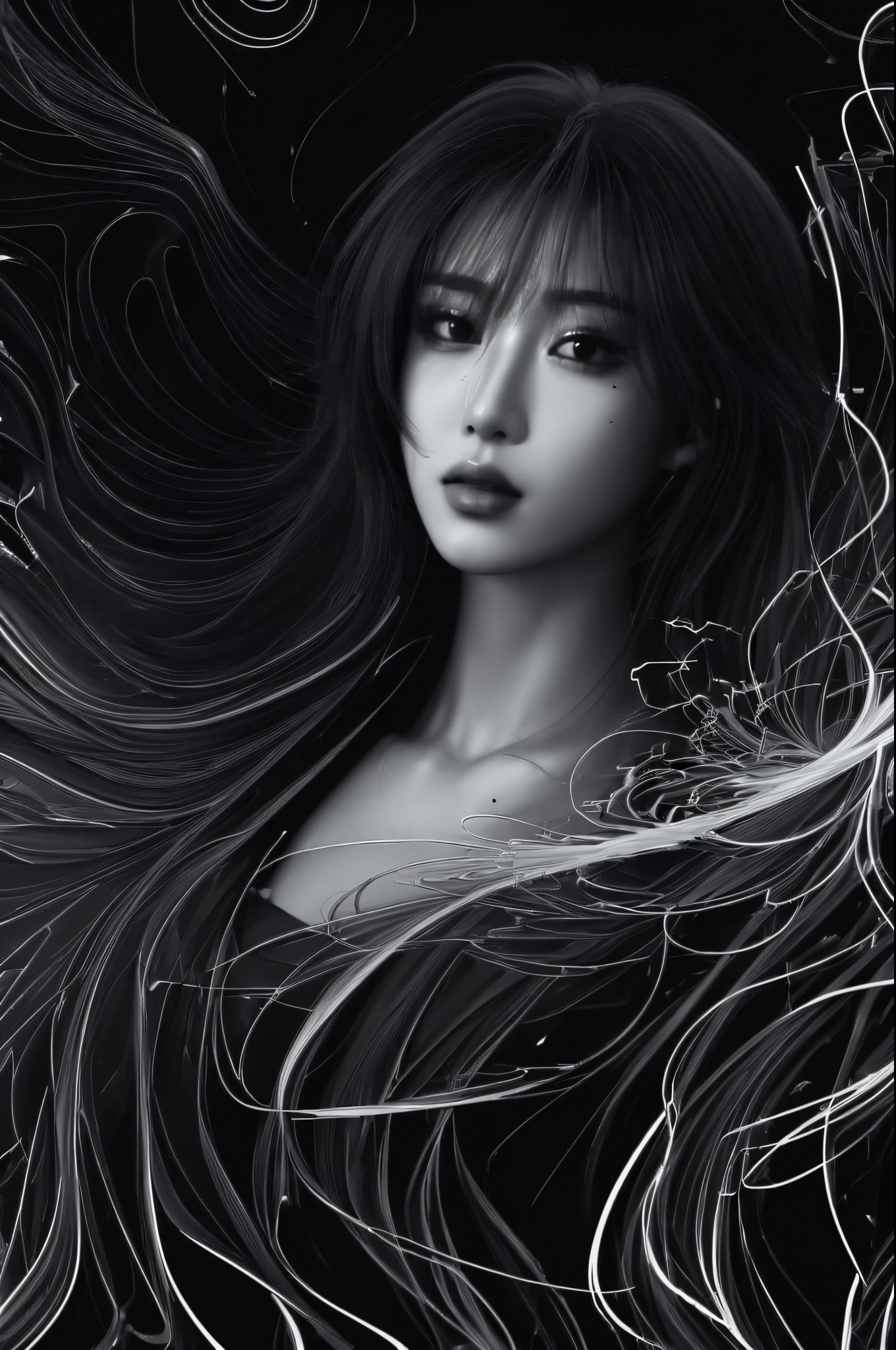 (line art:1.5)，Mono Color，A beautyful girl，abstract painting,model shoot style, (extremely detaild的 CG unified 8k wallpapers), A chaotic storm of complex liquid smoke rising overhead, Stylized abstract portrait of beautiful girl,