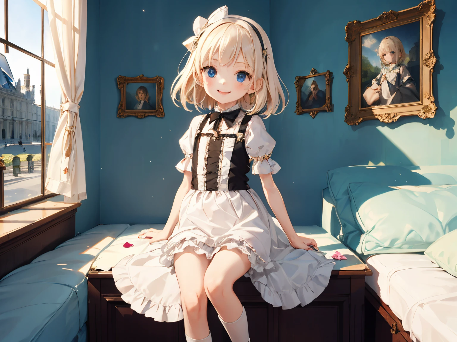 Best Quality, ultra-detailliert, Lolita Fashion, 1 young girl(8ars old),a beauty girl,A smile, Arm in arm, platinum-blonde-hair, At the Louvre Museum,flat chest,Perfect limbs,The morning sun shines