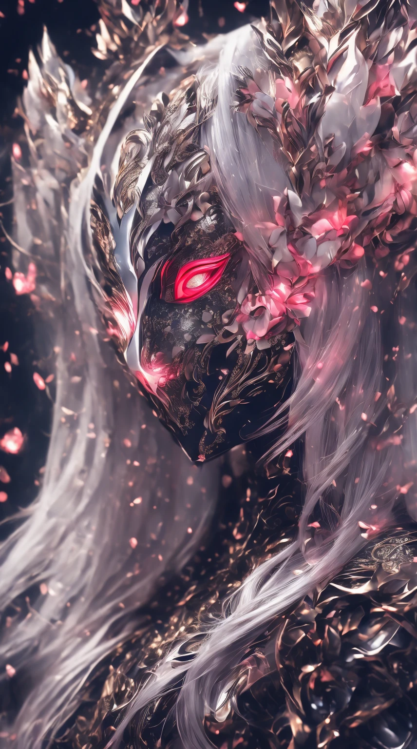 1 girl with silver hair and glowing red eyes, , wearing a porcelain full face mask for a masquerade party, black dress, masquerade party, masquerade mask, (ultra high res, best quality,), (8k, raw photo, best quality, masterpiece), technological sense, best quality, masterpiece, illustration,CG ,unity ,wallpaper, official art, Amazing, finely detail, an extremely delicate and beautiful,extremely detailed, highly detailed, sharp focus,rich background, (real person,photograph), ((high detailed skin))