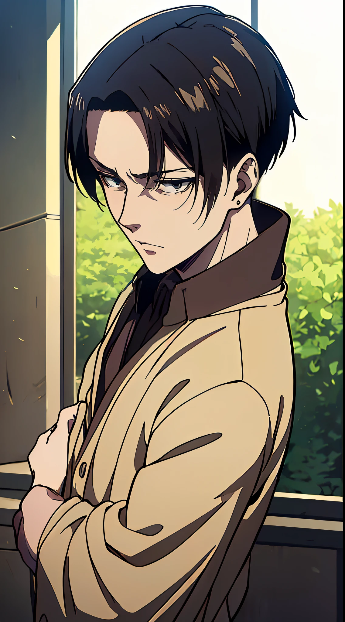 ((4K works))、masterpiece、(top-quality)、((high-level image quality))、((One Manly Boy))、Slim body、((Attractive and sexy jeans fashion))、((Men's Fashion))、(Detailed beautiful eyes)、town in the morning、Levi Ackerman、Attack on Titan、((short hair above the ears))、((Smaller face))、((Neutral face))、((28 year old))、((Handsome man))、((Korean Makeup))、((elongated and sharp eyes))、((Black eyes))、((Like a celebrity))、Everyday photography、((Shot alone))、((Shot diagonally from the side))、((Upper body photography))、((Sharp eyes))