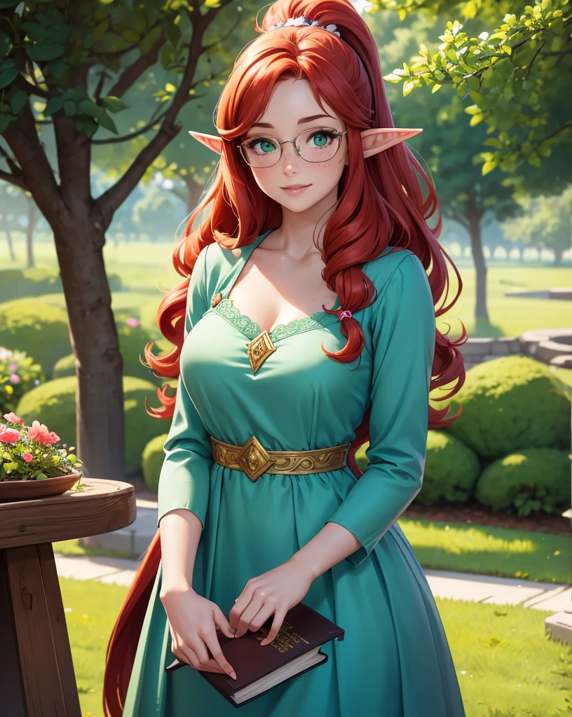 young elven noble lady, 1girl, asolescent, medium-large breasts, medium breasts, large breasts, elf, large green eyes, green eyes, pale skin, freckles, medium long hair, hair in ponytail, fluffy ponytail, curly hair, red hair, ginger hair, many flowers in hair, wearing cute dress, blue dress, dress with bows, simple jewelry, book, tome, cute face, full lips, soft lips, natural beauty, girl next door, body towards viewer, official portrait, intelligent, shy, blush, large round glasses, caring, timid, cute, polite, submissive, calm, wise, proper, pretty smile, slender figure, nobility, palace, absurdres, high res, ultrasharp, 8K, masterpiece, looking at viewer