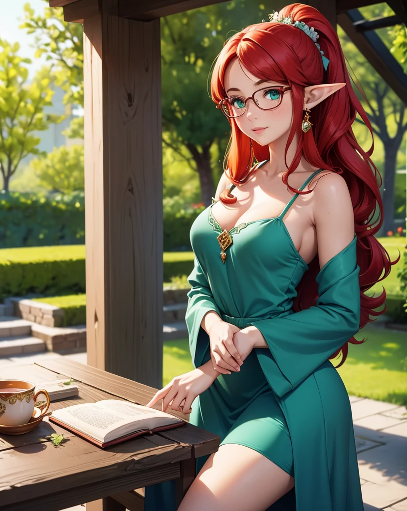 young elven noble lady, 1girl, asolescent, medium-large breasts, medium breasts, large breasts, elf, large green eyes, green eyes, pale skin, freckles, medium long hair, hair in ponytail, fluffy ponytail, curly hair, red hair, ginger hair, many flowers in hair, wearing cute dress, blue dress, dress with bows, simple jewelry, book, tome, cute face, full lips, soft lips, natural beauty, girl next door, body towards viewer, official portrait, intelligent, shy, blush, large round glasses, caring, timid, cute, polite, submissive, calm, wise, proper, pretty smile, slender figure, nobility, palace, absurdres, high res, ultrasharp, 8K, masterpiece, looking at viewer
