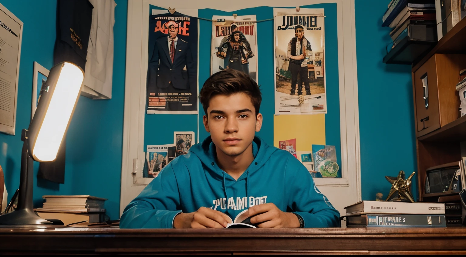 imagem do quarto de uma jovem adolecente, com um poster escrito "Jovens Mentes"