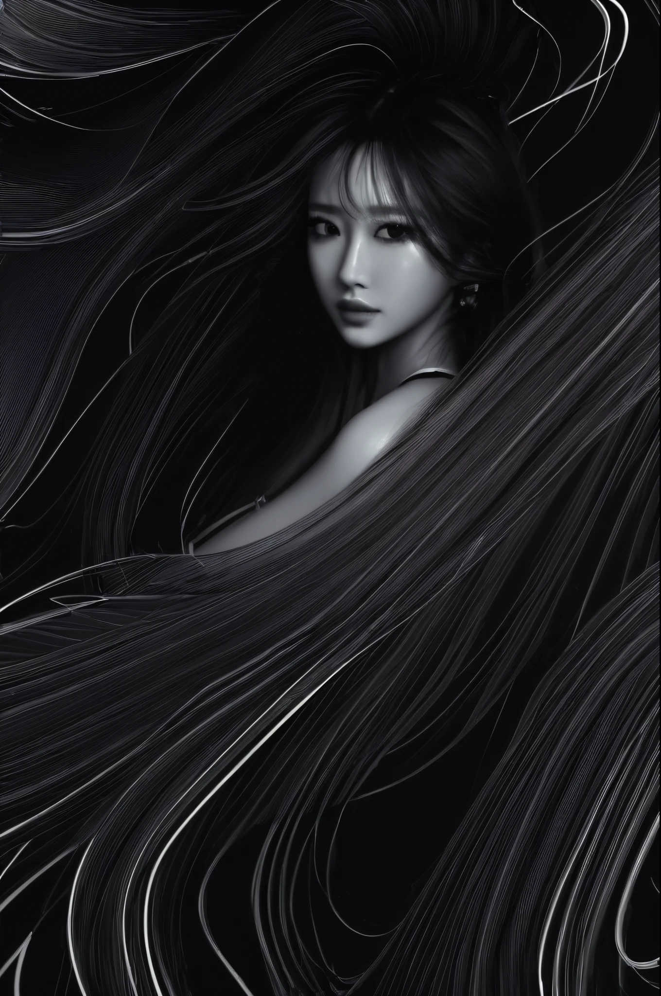 (line art:1.5),Mono Color,A beautyful girl,model shoot style,abstract painting,model shoot style, (extremely detaild的 CG unified 8k wallpapers), A chaotic storm of lines rising from complex liquid smoke overhead, Stylized abstract portrait of beautiful girl,