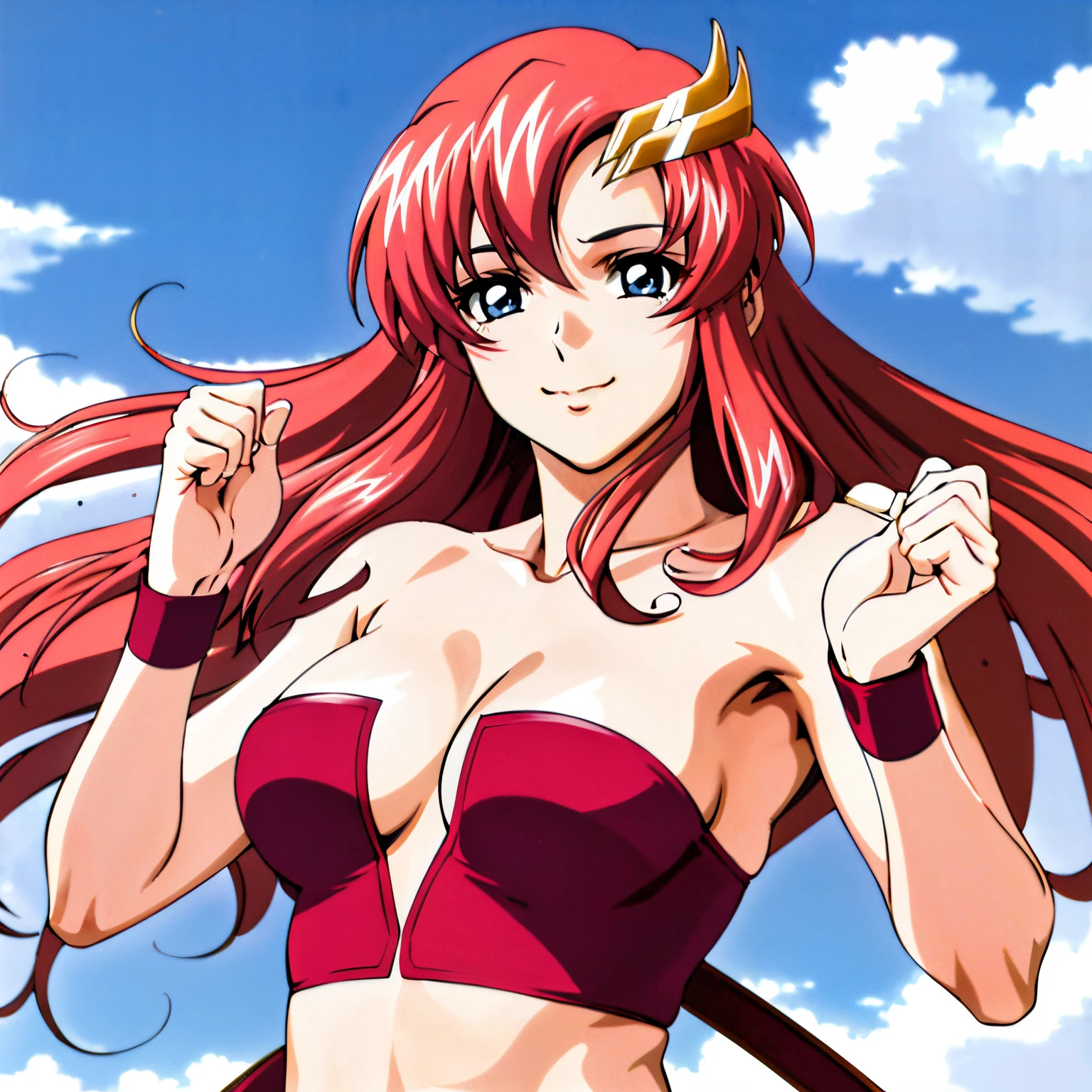 (masterpiece, upper body view, 4K, Best Quality, Anime style: 1.9, far view, Adult Woman, ultra detailed face, (cloud background, wrestling), Drawing lines, high resolution, Anime, lacus4), 1girl, Solo, curvy figure, Long hair, 鎖骨, scapular, (Detailed wide hair bangs, Hair Ornament, Detailed reddish-pink hair, shiny streaks, hair cover shoulders, golden crest), cleavage, large hands, (female wrestler). (Big blue eyes, shiny eyes), ((female wrestler, (slim body), little biceps, closed fists, groin)), ((perfect proportions, medium breasts, long belly)), (((red strapless, neck band))), happy, smile, closed mouth, (standing, looking at the viewer)