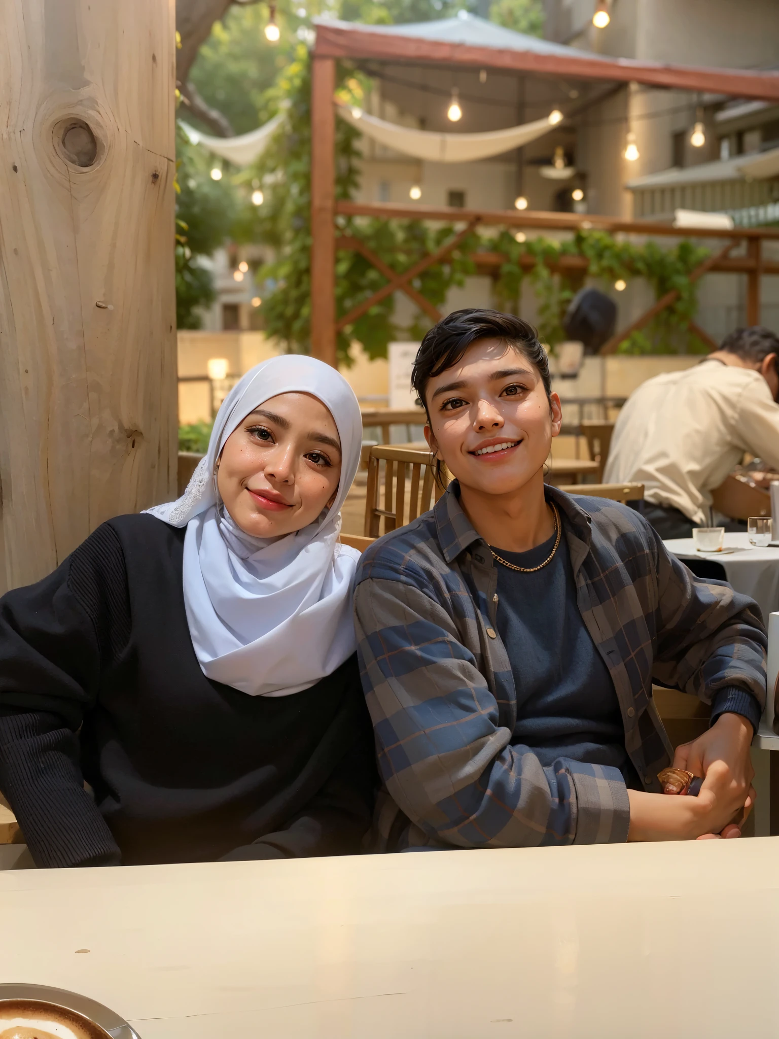 there are two people sitting at a table with a cup of coffee, happy couple, lovely couple, couple, with her long, a picture, picture, taken at golden hour, photo taken in 2 0 2 0, ismail, 😭 🤮 💕 🎀, in background, with ivy, shot on nikon z9, at instagram, old picture, facebook post