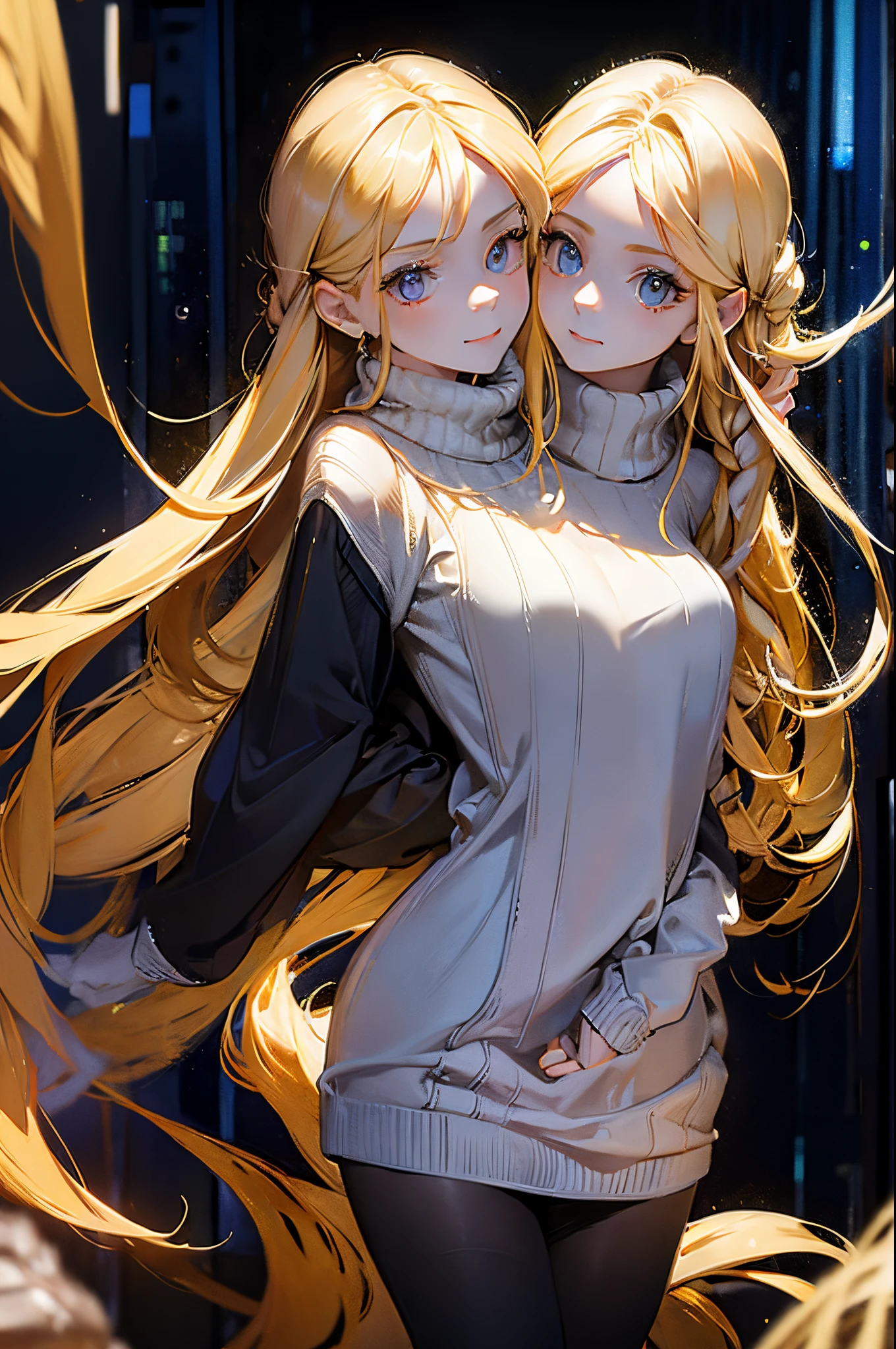 8K, masterpiece, best quality, best resolution, ultra detailed, a young girl, two-headed, blonde long hair, wearing a sweater