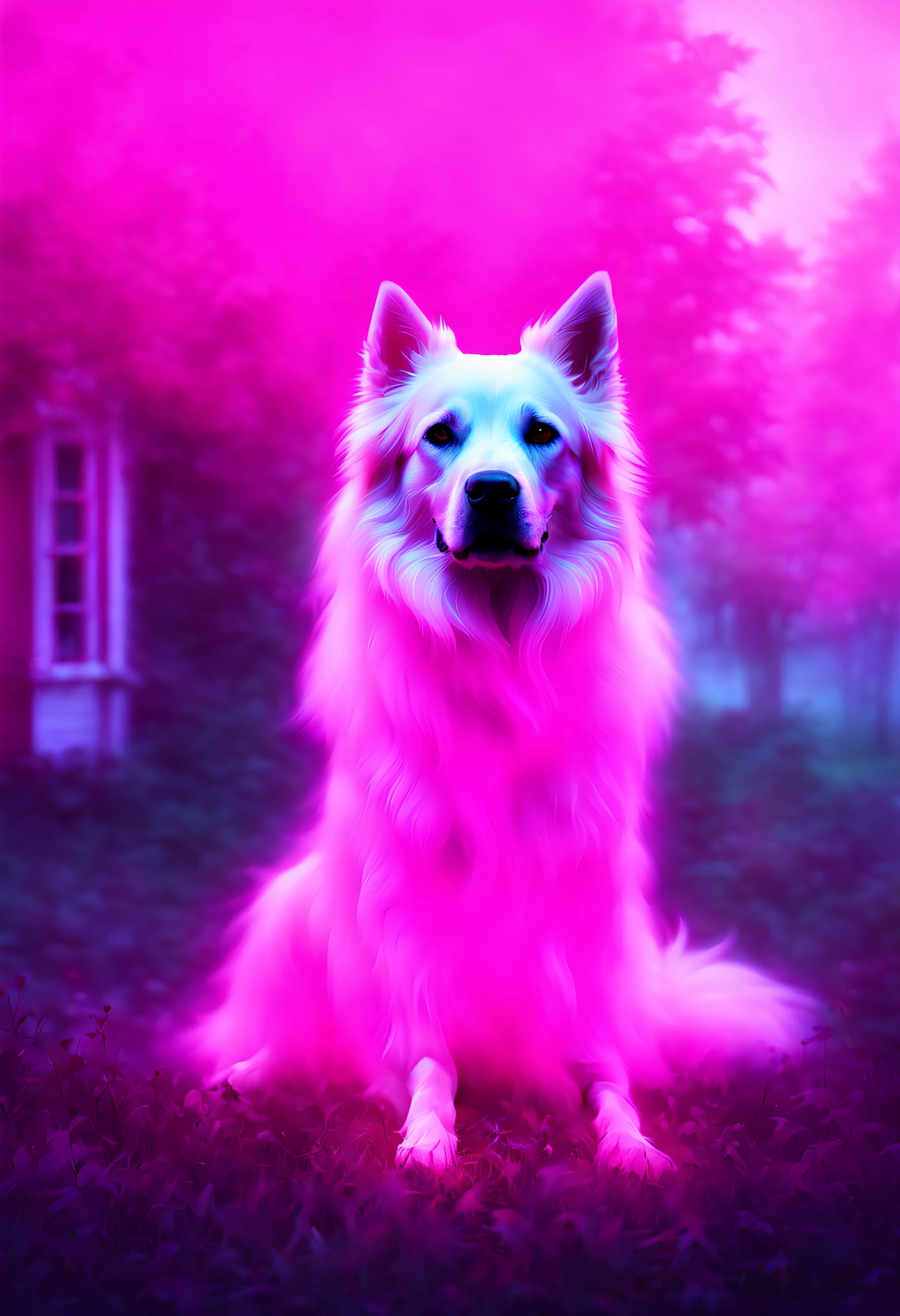 A ghost of a dog guarding the house lawn, a dog pink hologram texture, pink translucent spirit of a dog, spirit dog hologram, low opacity, conceptual art, ghostly form, pink fog around the spirit of the dog, glowing fog intricate ghosty dog, photorealistic, glowing spirit dog, photoreal, hyperrealism