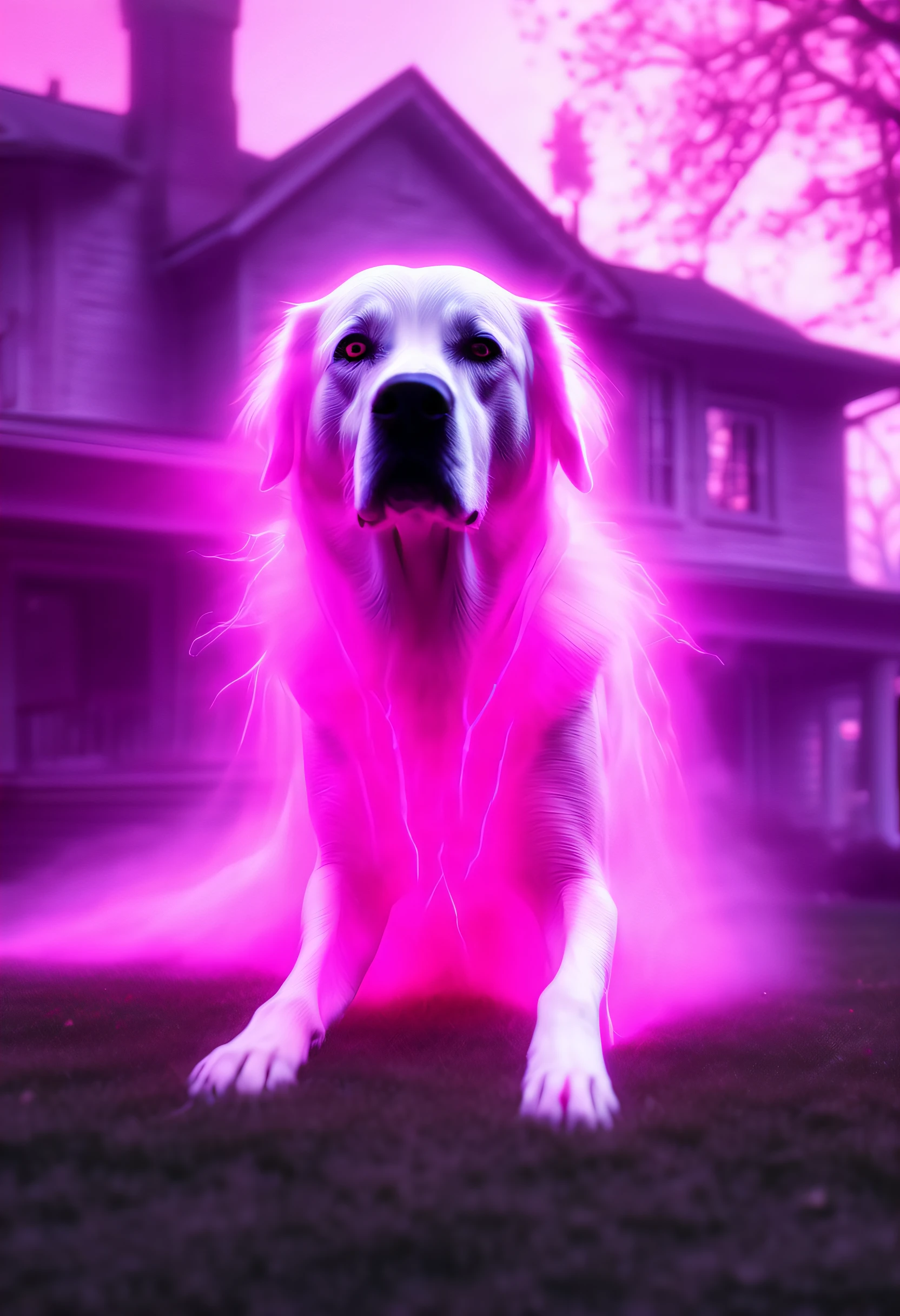 A ghost of a dog guarding the house lawn, a dog pink hologram texture, pink translucent spirit of a dog, spirit dog hologram, low opacity, conceptual art, ghostly form, pink fog around the spirit of the dog, glowing fog intricate ghosty dog, photorealistic, glowing spirit dog, photoreal, hyperrealism