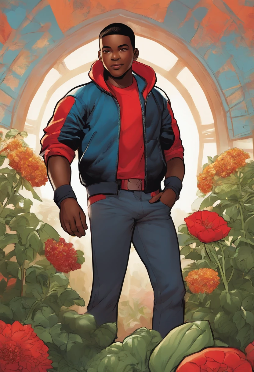 An image of Miles standing next to a community garden, surrounded by vibrant flowers and vegetables.,Marvel Comics,Miles Morales, the dynamic character from the “Spider-Man” universe, is a young, black athletic ager with a lean build, often seen in his distinctive black Spider-Man suit with red webbing and unique graffiti-style designs. He has a youthful, energetic face, often expressing a wide range of emotions from awe to determination, reflective of his age and the enormity of his responsibilities.