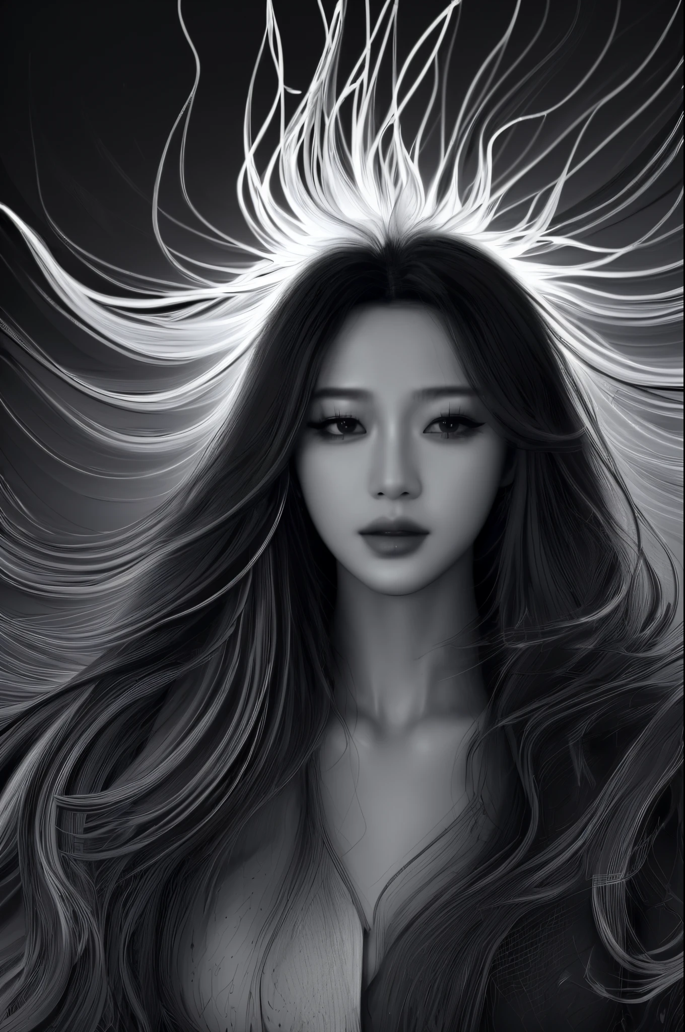 (line art:1.5)，Mono Color，A beautyful girl，abstract painting,model shoot style, (extremely detaild的 CG unified 8k wallpapers), A chaotic storm of complex liquid smoke rising overhead, Stylized abstract portrait of beautiful girl,