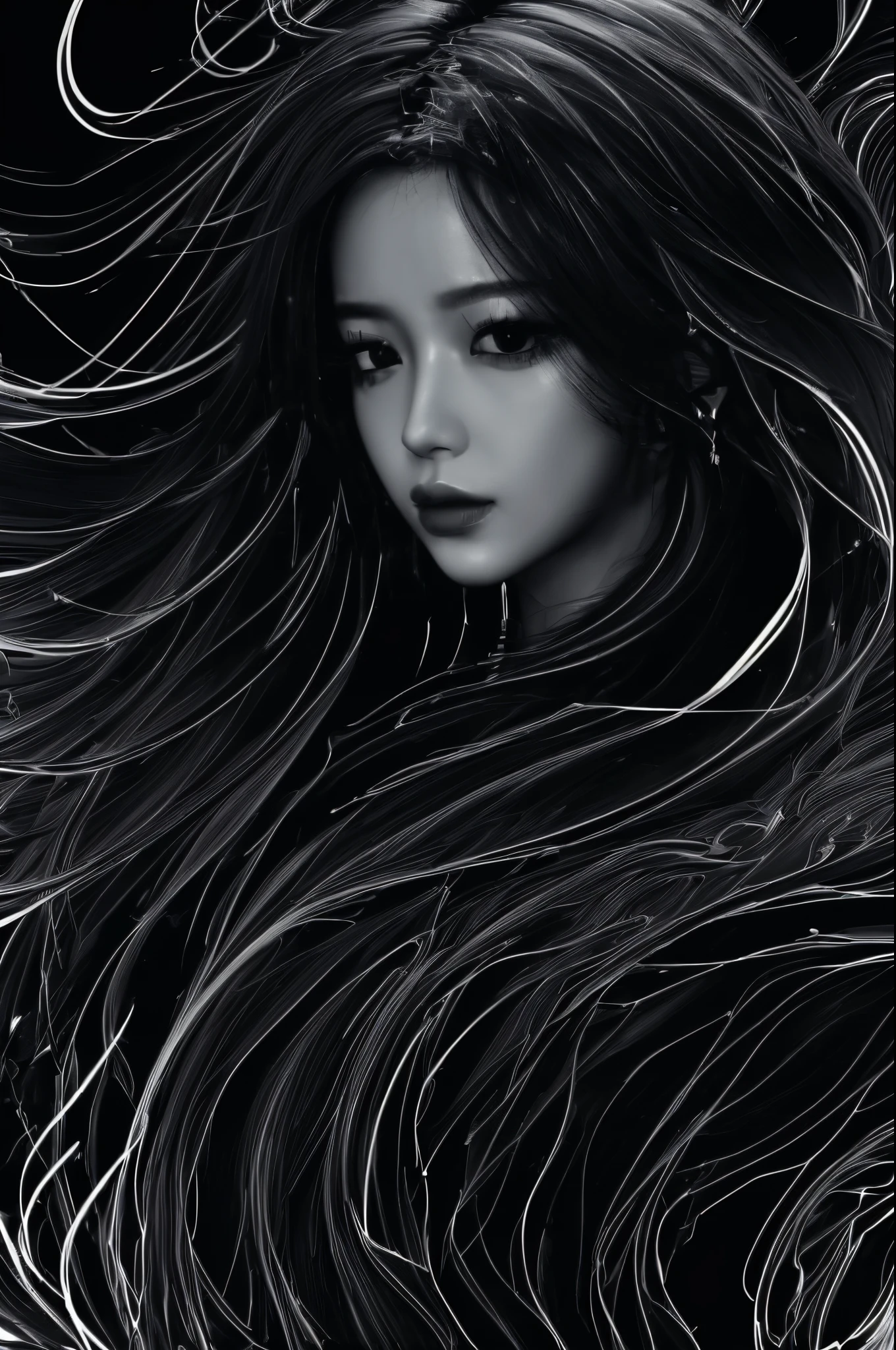 (line art:1.5),Mono Color,A beautyful girl,abstract painting,model shoot style, (extremely detaild的 CG unified 8k wallpapers), A chaotic storm of complex liquid smoke rising overhead, Stylized abstract portrait of beautiful girl,