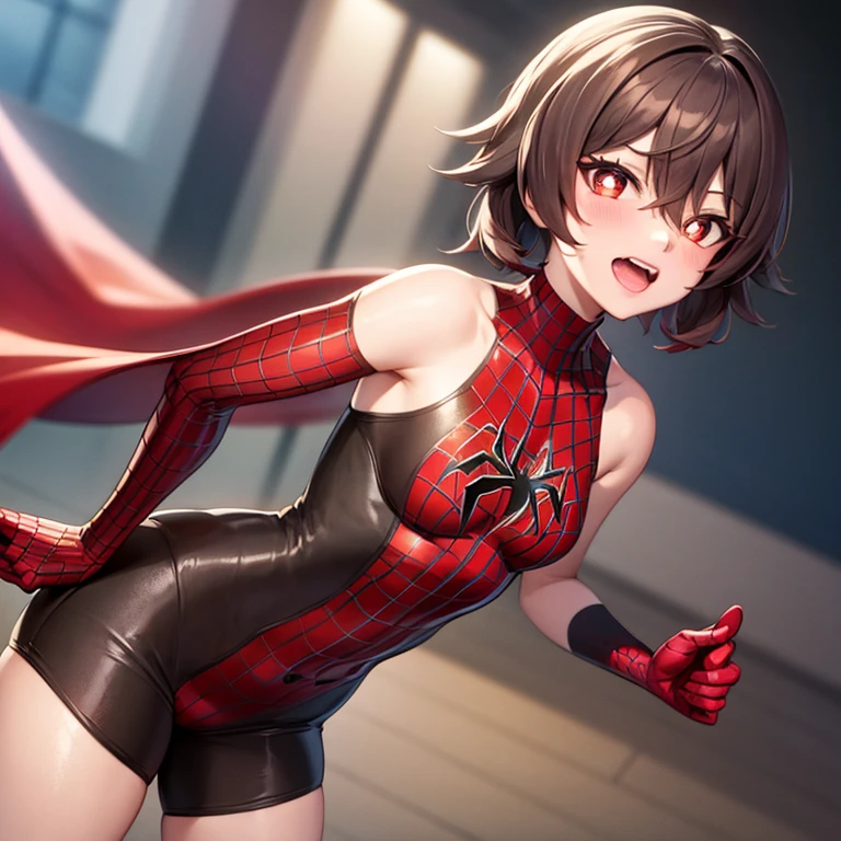 Spiderman Bodysuit, ahegao, standing, short hair, bare shoulder