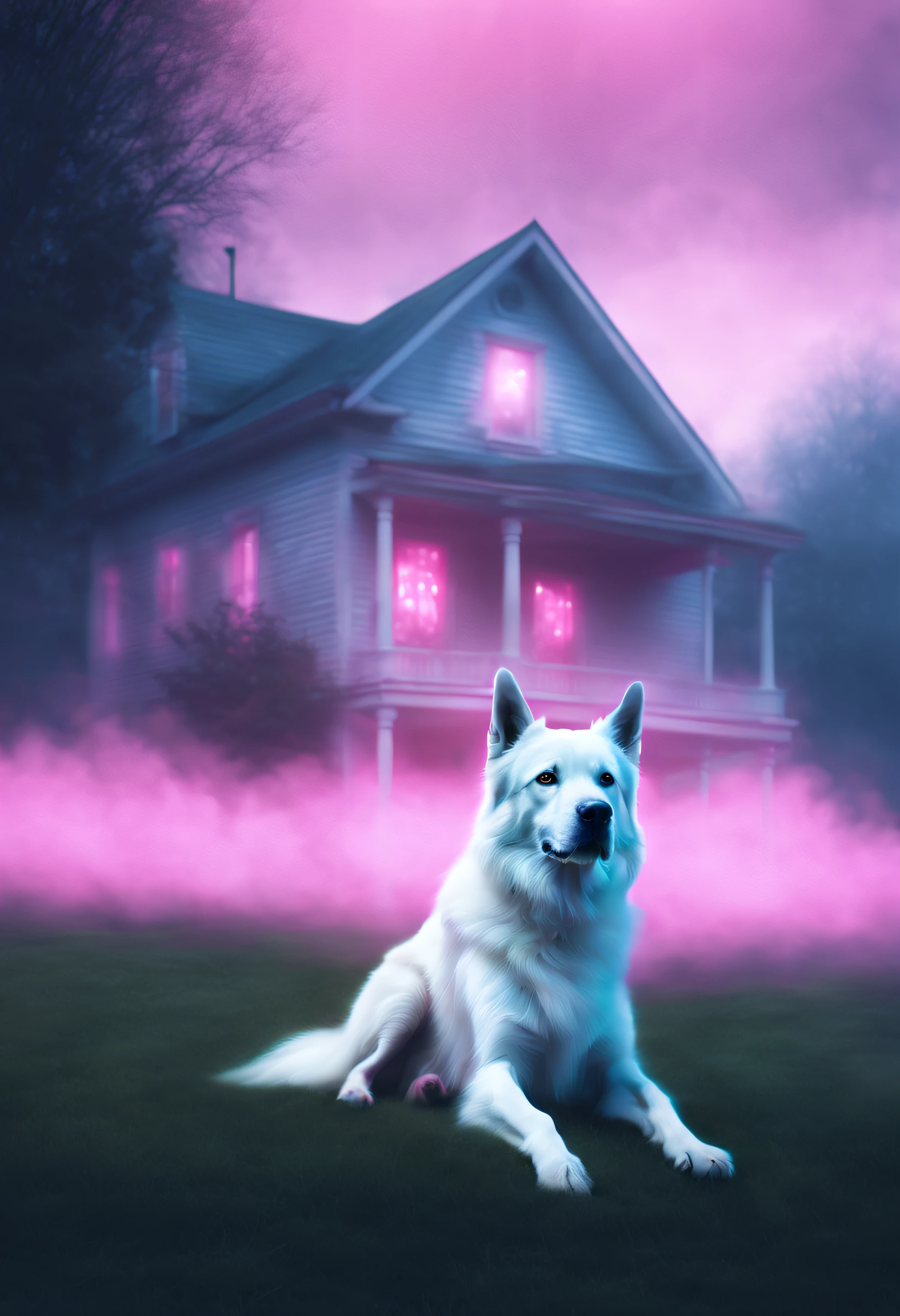 A ghost of a dog guarding the house lawn, a dog pink hologram texture, pink translucent spirit of a dog, spirit dog hologram, low opacity, conceptual art, ghostly form, pink fog around the spirit of the dog, glowing fog intricate ghosty dog, photorealistic, glowing spirit dog, photoreal, hyperrealism