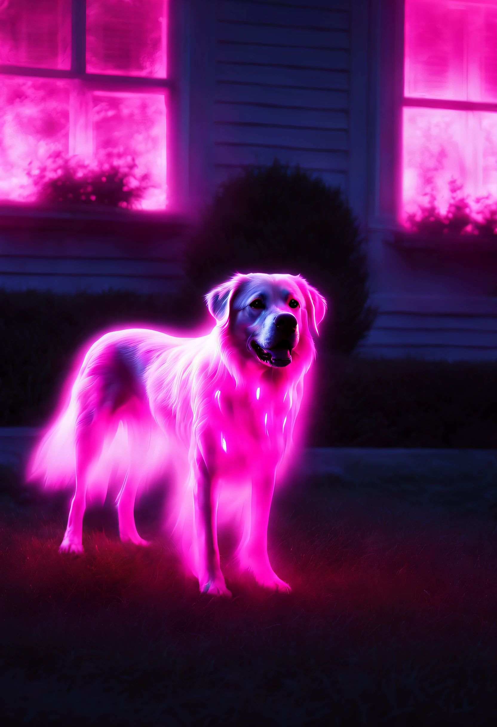 A ghost of a dog guarding the house lawn, a dog pink hologram texture, pink translucent spirit of a dog, spirit dog hologram, low opacity, conceptual art, ghostly form, pink fog around the spirit of the dog, glowing fog intricate ghosty dog, photorealistic, glowing spirit dog, photoreal, hyperrealism