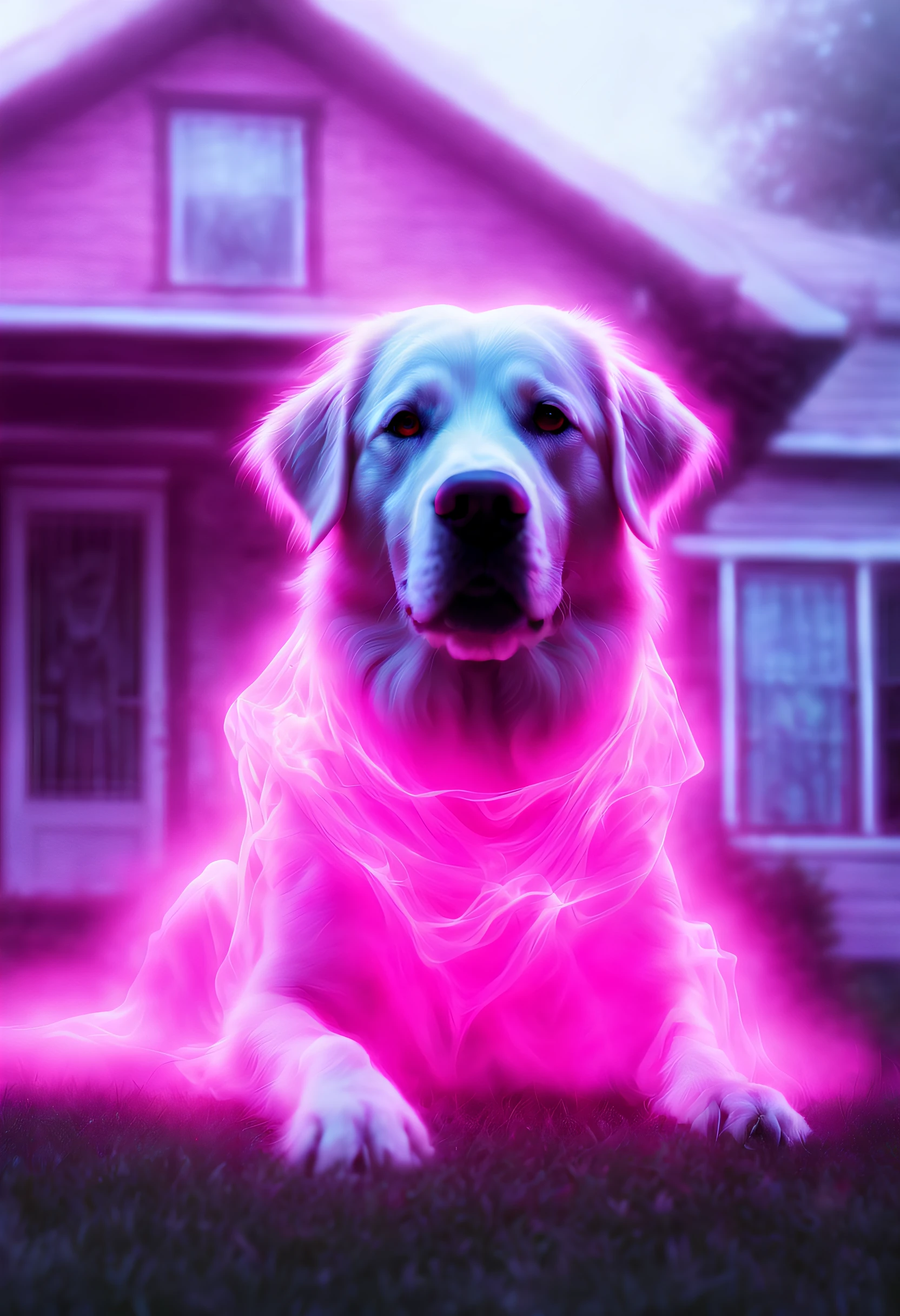 A ghost of a dog guarding the house lawn, a dog pink hologram texture, pink translucent spirit of a dog, spirit dog hologram, low opacity, conceptual art, ghostly form, pink fog around the spirit of the dog, glowing fog intricate ghosty dog, photorealistic, glowing spirit dog, photoreal, hyperrealism
