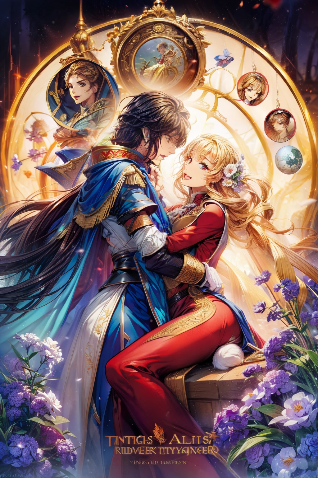 Two people 1 Neels Visser is a prince with golden blond hair, Wearing medieval military uniform,Falling in Love with Commoners 2 Lily Collins, Who has black curly hair,wearing a red dress, The two kissed very passionately, Illustration of romantic book cover,detailed descriptions, smooth private parts, Bright background full of flowers, Artwork by Greg Hildebrandt, Citemer Liu, Stepan Sejik, Samyang, aykut aydogdu, Justin Gerard, An Alphonse Mucha's, Art germ, Volop, and Greg Rutkoski