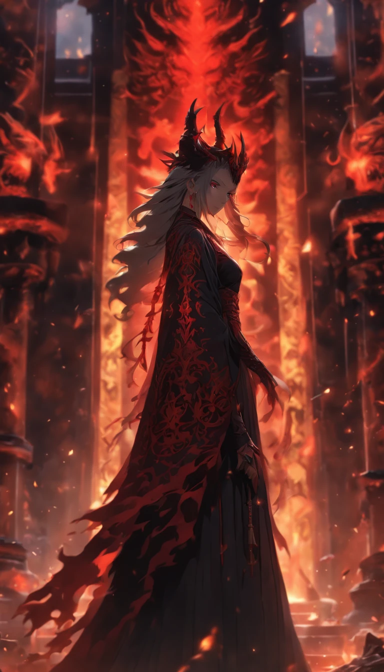 (masterpiece, best quality, ultra-detailed, 8k wallpaper, photorealistic), 1 girl, upper body shot, curvaceous but slender body, in a demonic priest outfit standing in a demonic temple, detailed face, future medieval, fantasy