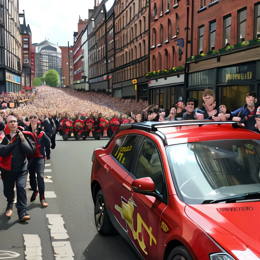 Capture the excitement of a Manchester United victory parade through the streets of Manchester