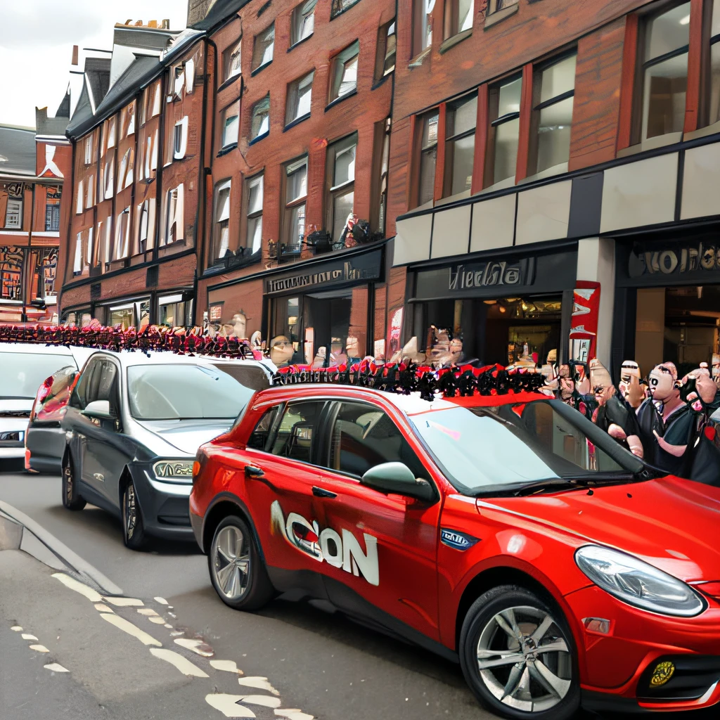 Capture the excitement of a Manchester United victory parade through the streets of Manchester