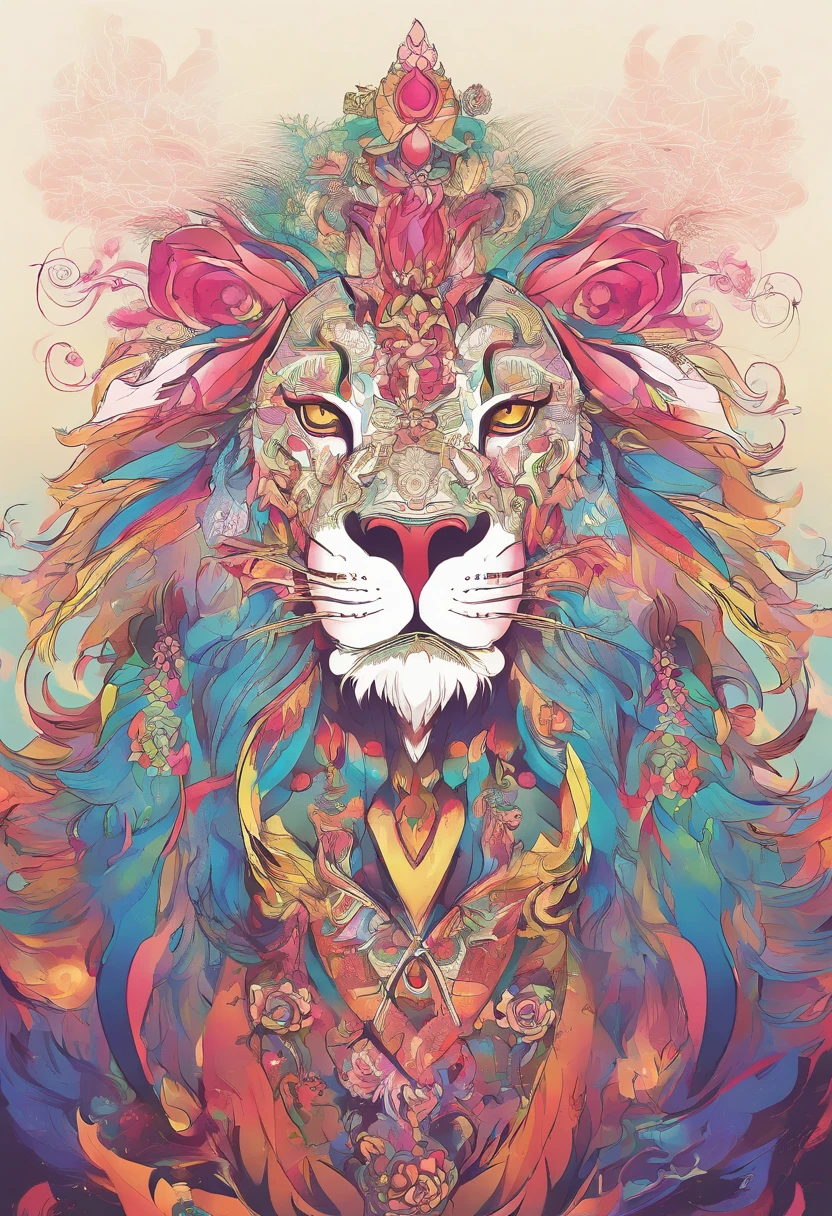 tmasterpiece，Super cool lion Ultimate warrior as Kung Fu fighter，The face is grim，Random light and shadow，Random character background，minimal style，A glowing sword，Lotus flowers as the background，Impeccable，Need，high light，Bright and colorful shades，3 background，A high resolution，     --ar 9:16 --niji 5