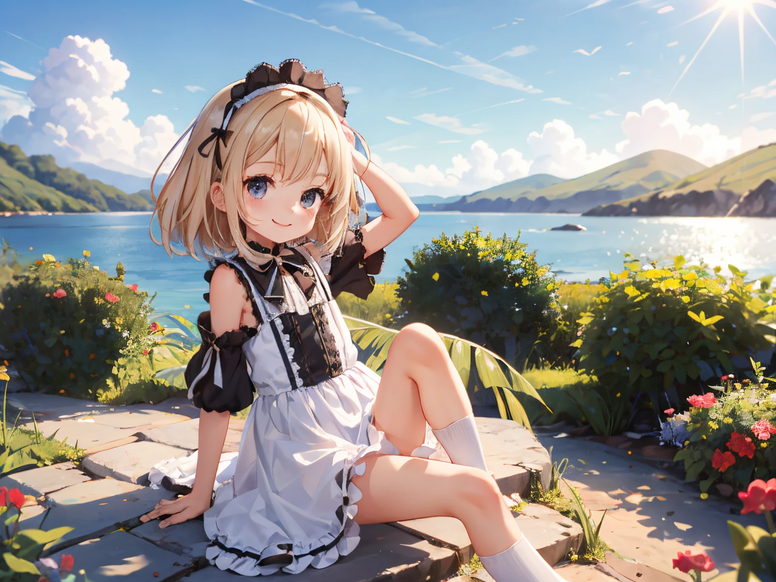 Highest quality, Ultra-detailed, Lolita Fashion, One Girl(8-year-old),Beautiful girl,Laughter, Arms crossed, Platinum Blonde Hair, At Moai Island,Flat Chest,Perfect limbs,The morning sun shines、pantyhose、Spread your legs、Long skirt