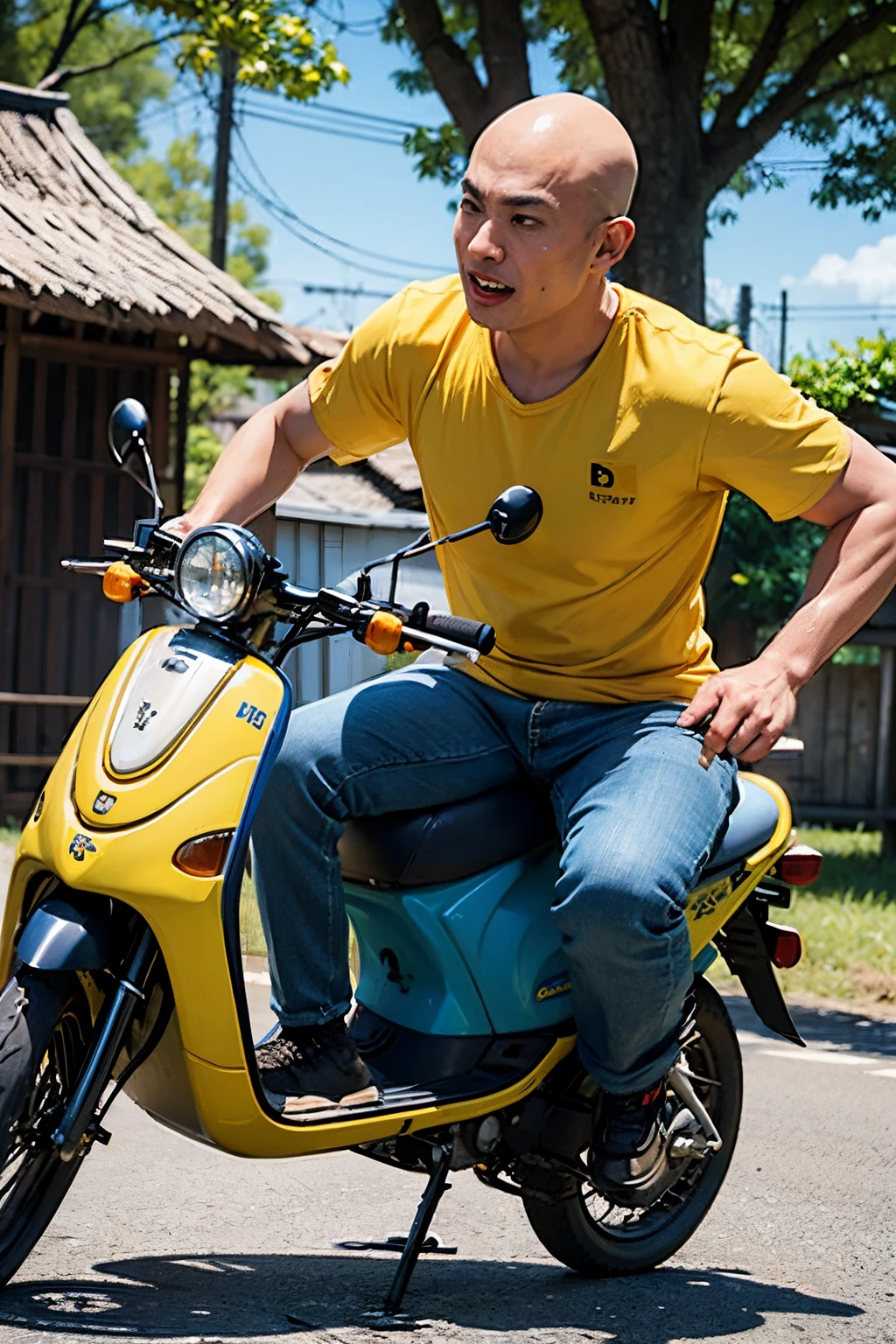 super realistic, dynamic composition, two bald Malay kid playing, one with wear blue shirt with letter 'U' and another wear yellow shirt with letter 'I' feeling happy chasing a chicken, village background and an old malay man ride a moped motorcycle at the back